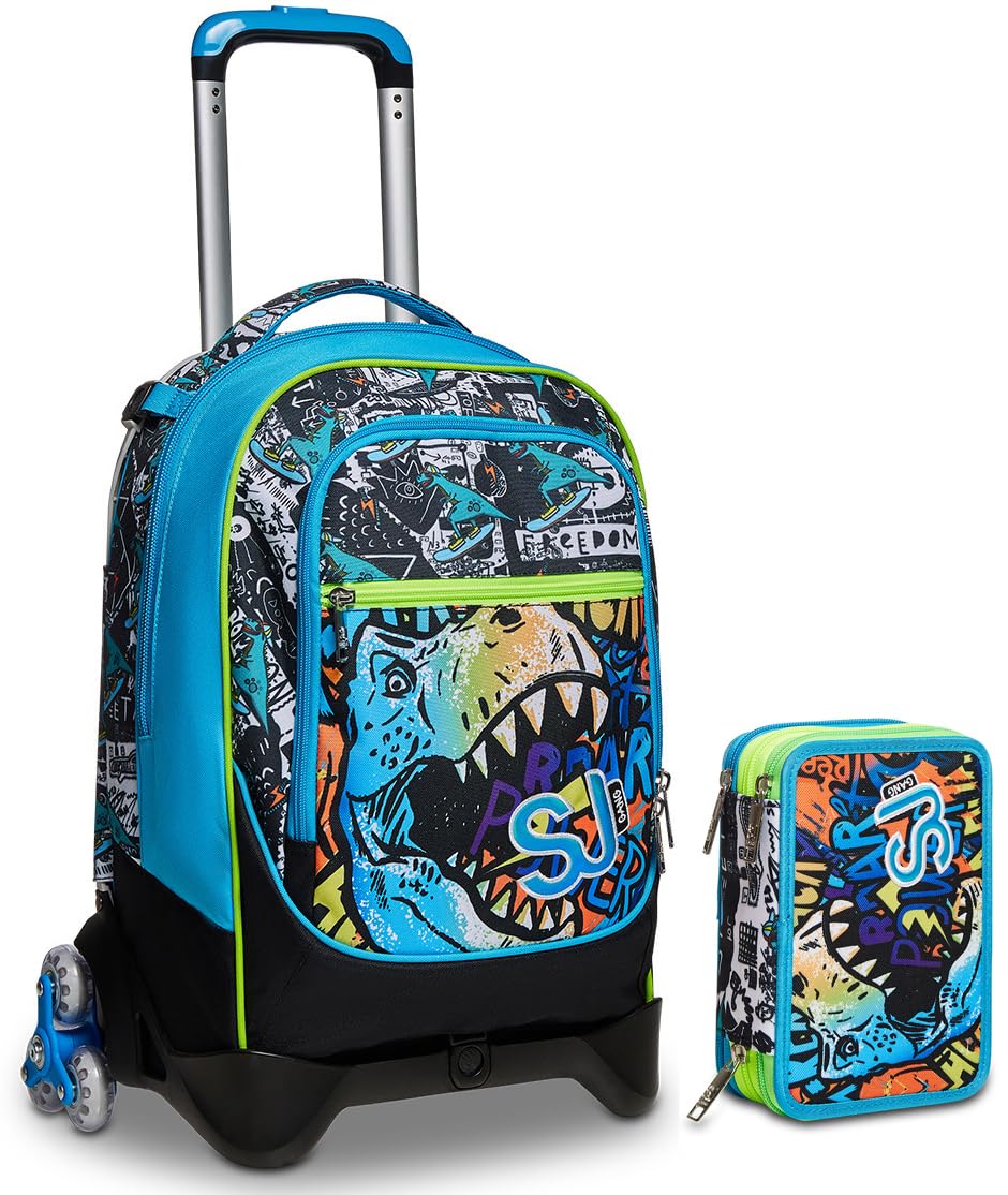SJ Trolley Scuola Sganciabile Jack 3 Ruote, Multicolore, Zaino Con Carrello Sganciabile, Triplo Uso, 3 in 1, Trolley Viaggio, Scuola e Tempo Libero + Astuccio Triplo Scomparto Completo Di Penne,