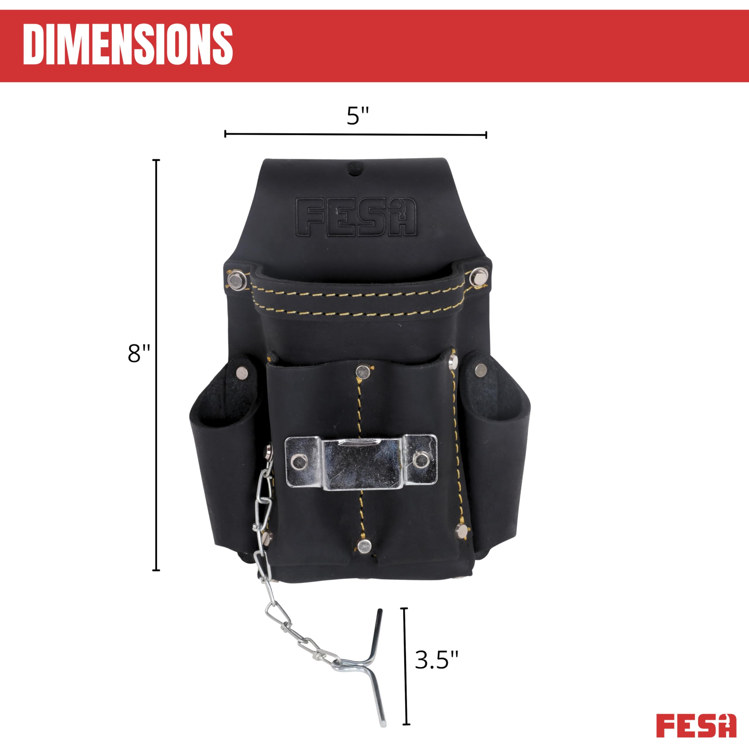 FESA Piccola borsa per attrezzi da elettricista, in pelle, 7 in 1, con metro a nastro in acciaio o clip per trapano, catena a T e 5 tasche, clip su qualsiasi cintura, realizzata a mano