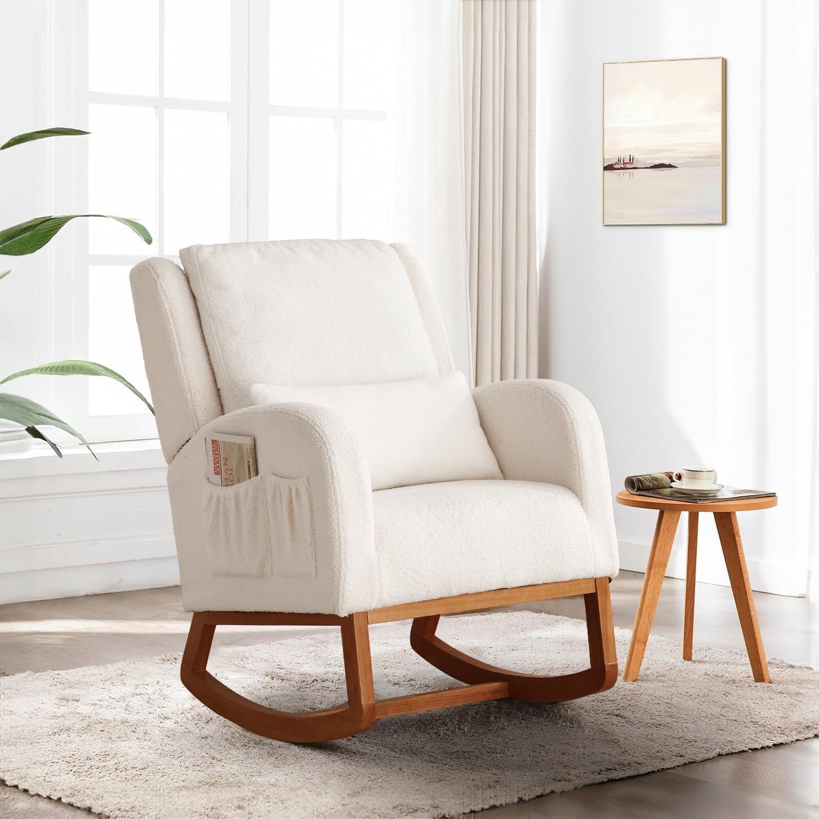 Rocking Glider Chair for Nursery, Wingback Accent Rocker Chair Upholstered Tall Back Arm Chair w/Walnut Leg, Modern Leisure Single Sofa for Living Room, Hotel, Bedroom, Baby Room, Ivory