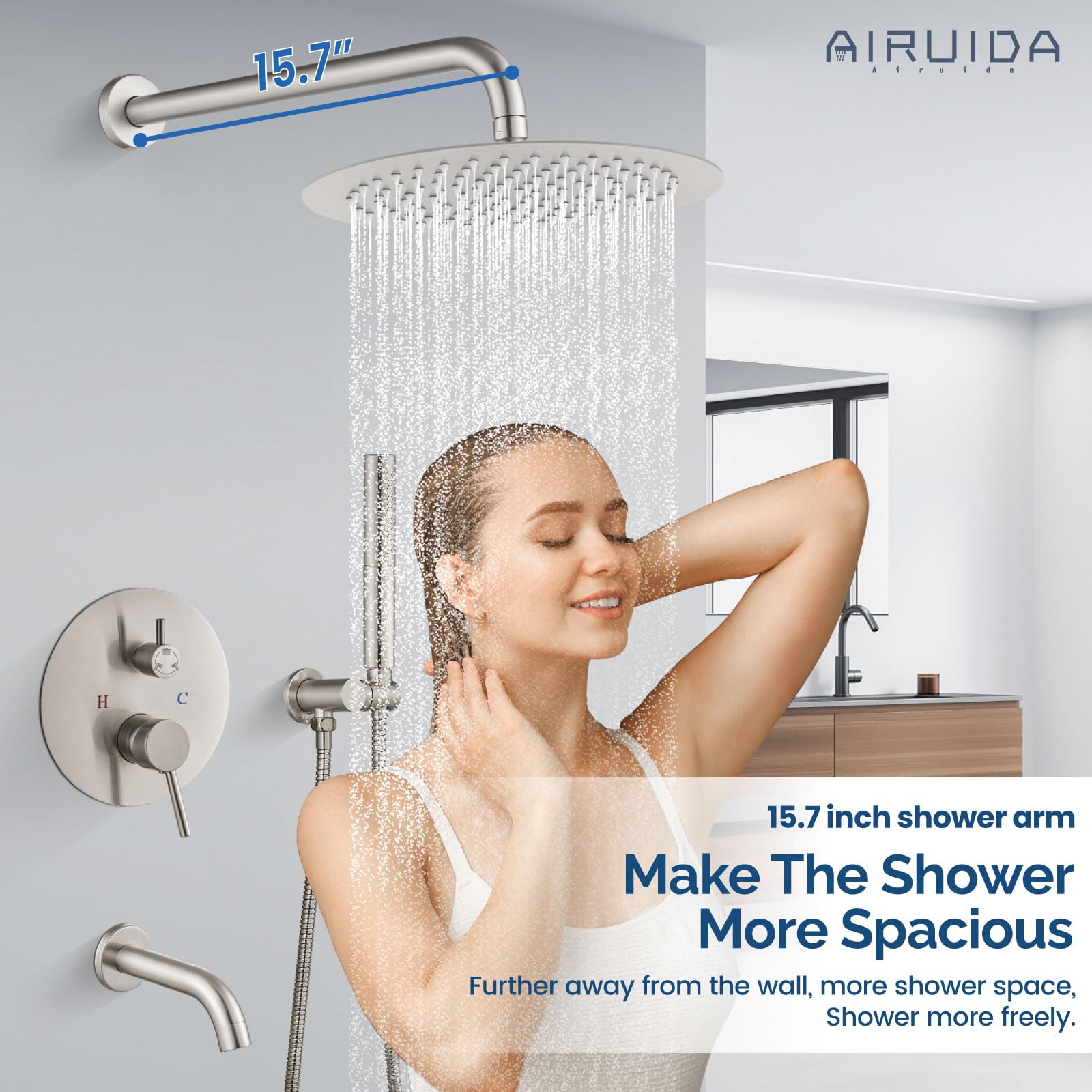 Airuida Shower System with Tub Spout Brushed Nickel Tub Shower Faucet Set 12 Inches Round Shower Head with 2 Functions Handheld Shower Wall Mount 3 Function Tub Spout Shower Combo Set