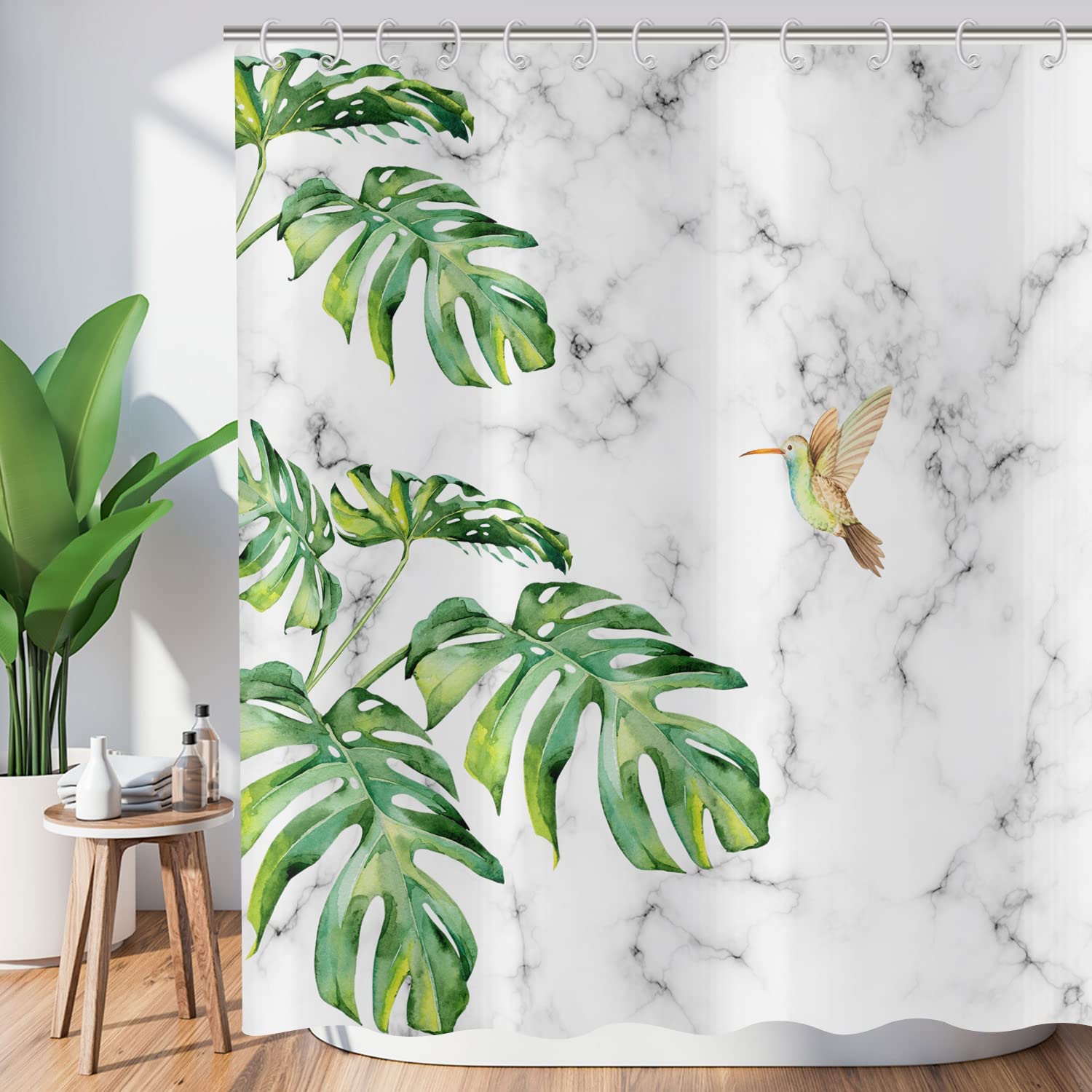 Hnmdmyi Green Leaf Shower Curtain 180x240, Tropical Palm Leaves Hummingbird on Grey and White Marble Bathroom Curtains with Hooks Waterproof Polyester Fabric Washable Bath Curtains for Wet Room — image 1