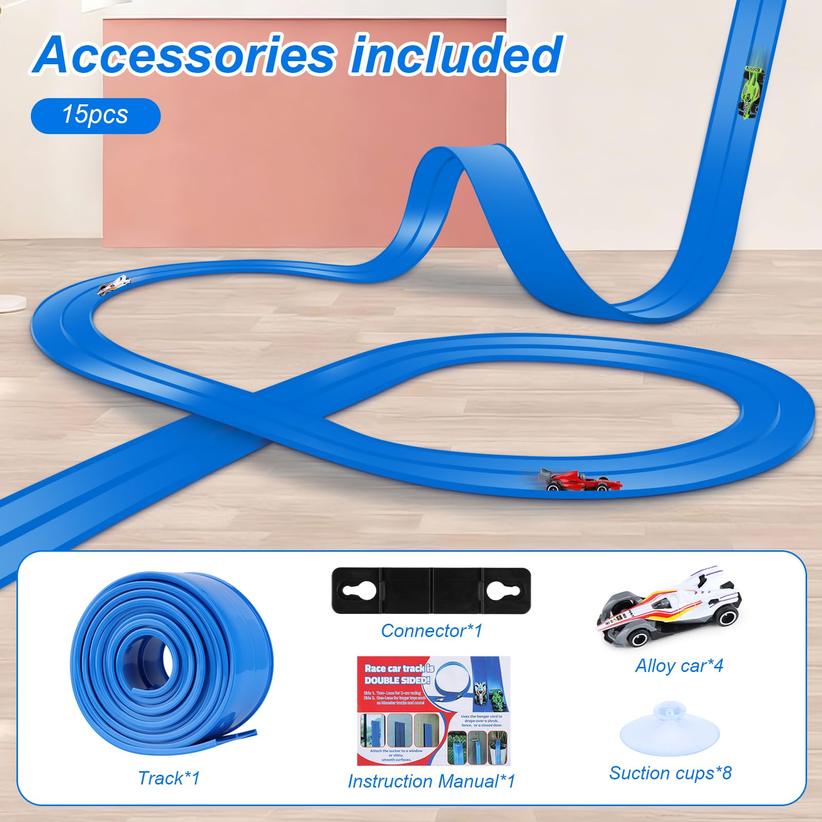 Tahbarshi Flexible Car Track Toy 5m Includes 4 Cars, Speed Track for Indoor Outdoor Play Rolls Up Portable Dual Race Track - Image 2