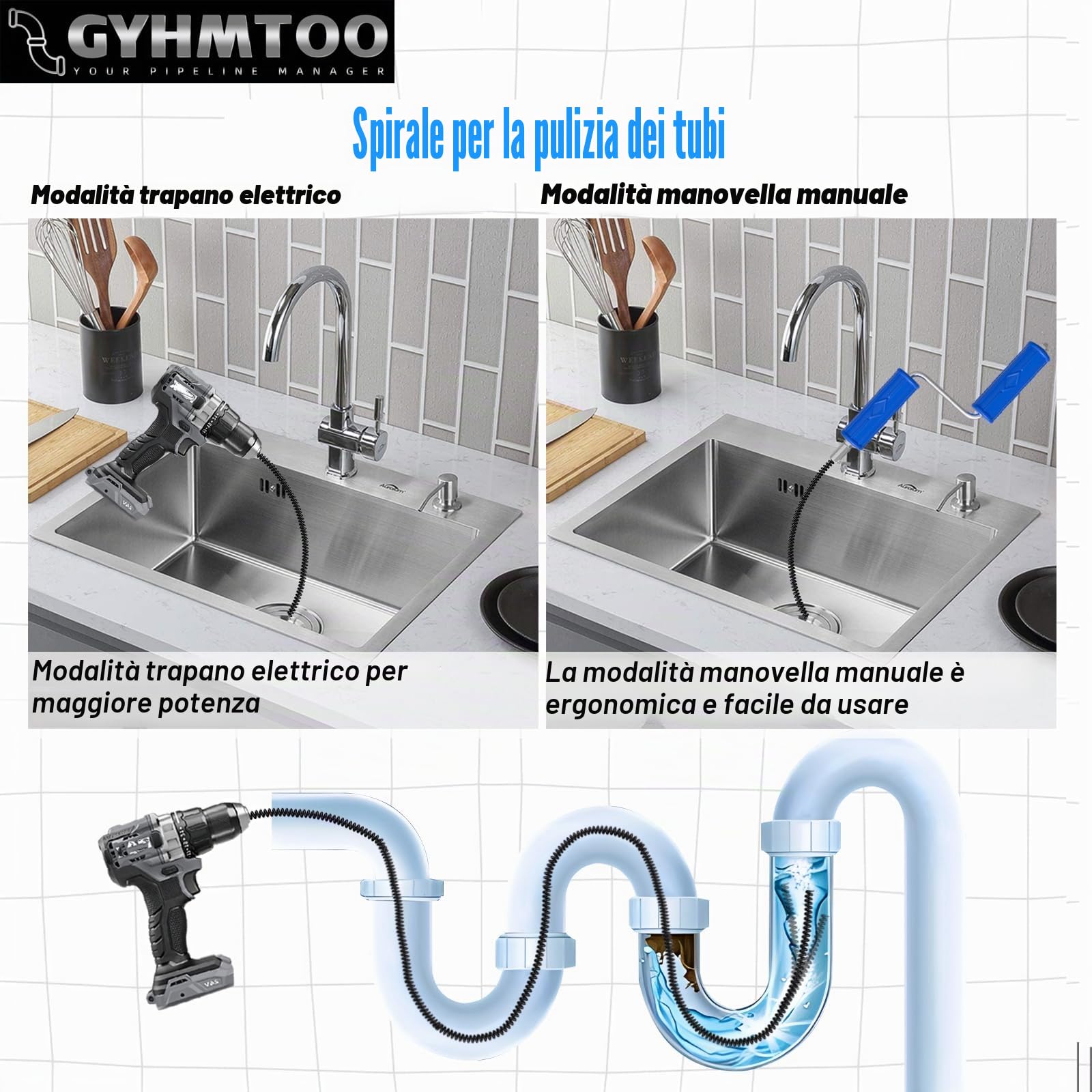 Spirale per la pulizia dei tubi Ø 8 mm x 10 m, con manovella, in acciaio a molla, spirale di scarico per la pulizia dei tubi, spazzola di scarico per ostruzioni difficili da rimuovere - Procedura di