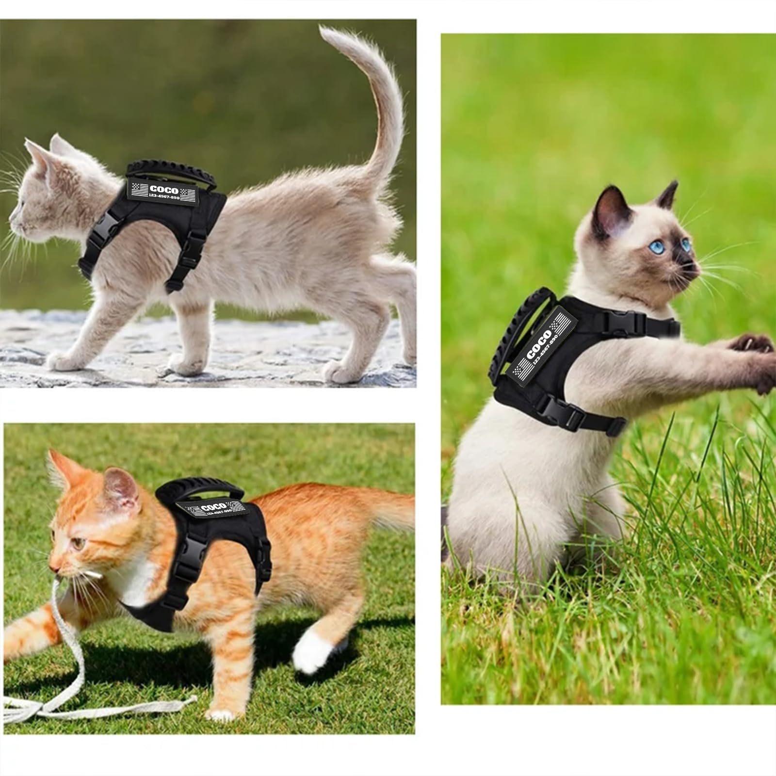 Pettorina tattica per gatti a prova di fuga, per camminare, con toppe personalizzate, regolabile, a prova di fuga, 3,6-9,1 kg, morbida gilet per gatti grandi con guinzaglio opzionale (nero)