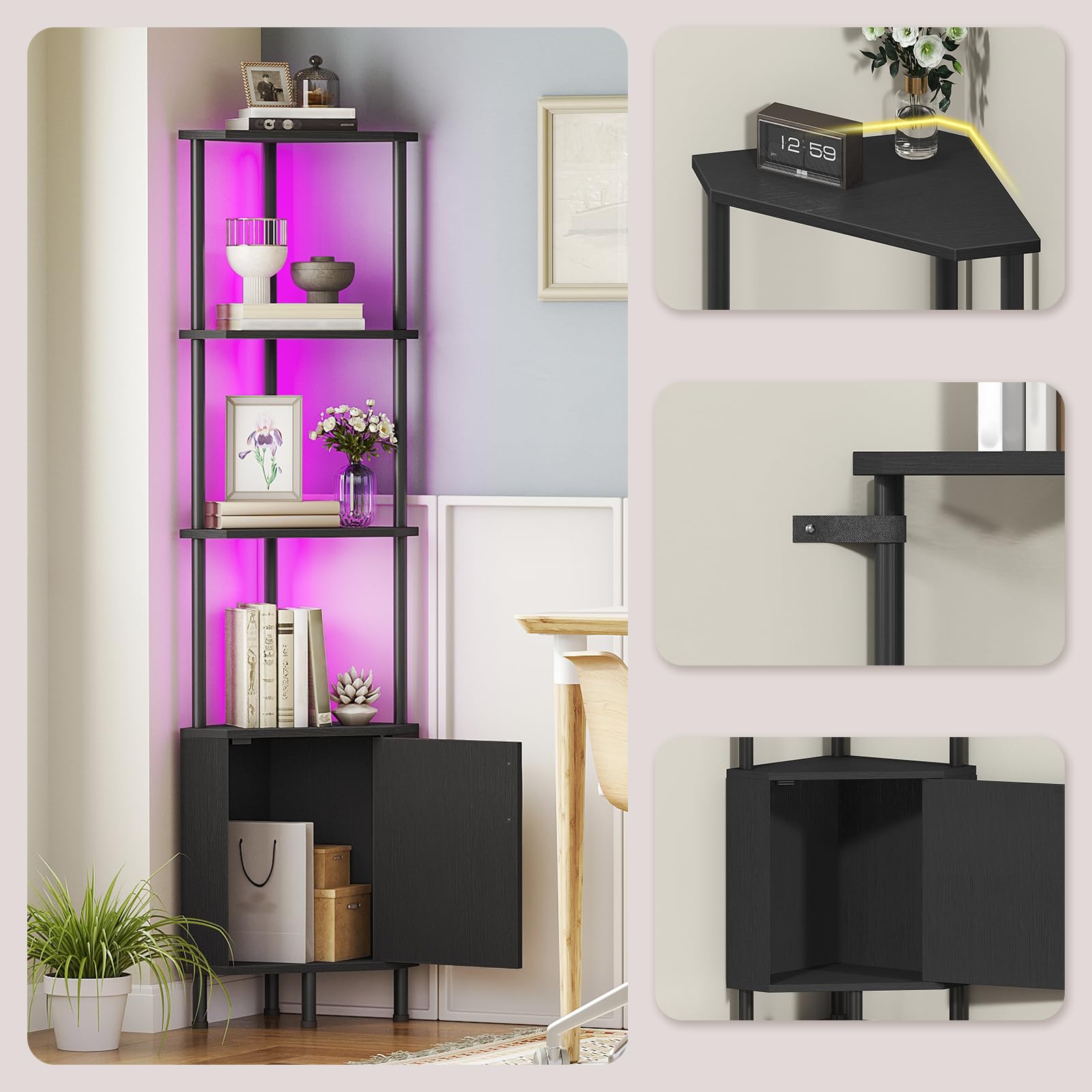 HOOBRO Estantería Esquinera, Librería con Luz LED y Armario, Estantería de Exhibición de Estilo Industrial, Mueble para Baño, Sala de Estar, Estudio, Dormitorio, Cocina, Negro EBB147DCJ01