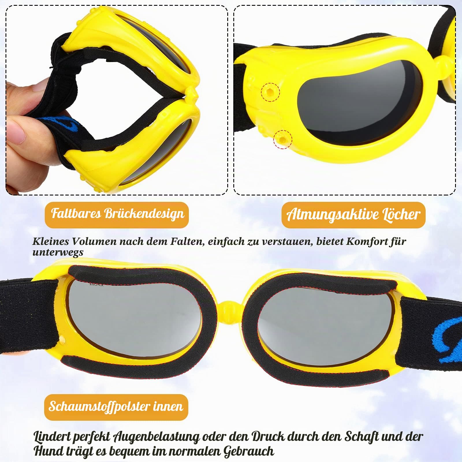 Haustier-Hundehelm und Hundebrillen-Set, gepolstert, 10.2 cm, Motorradhelm, Hunde-Sonnenbrille, Sicherheitskappe, entzückende Welpenbrille mit verstellbarem Gürtel für kleine Hunde, Größe S (Gelb)