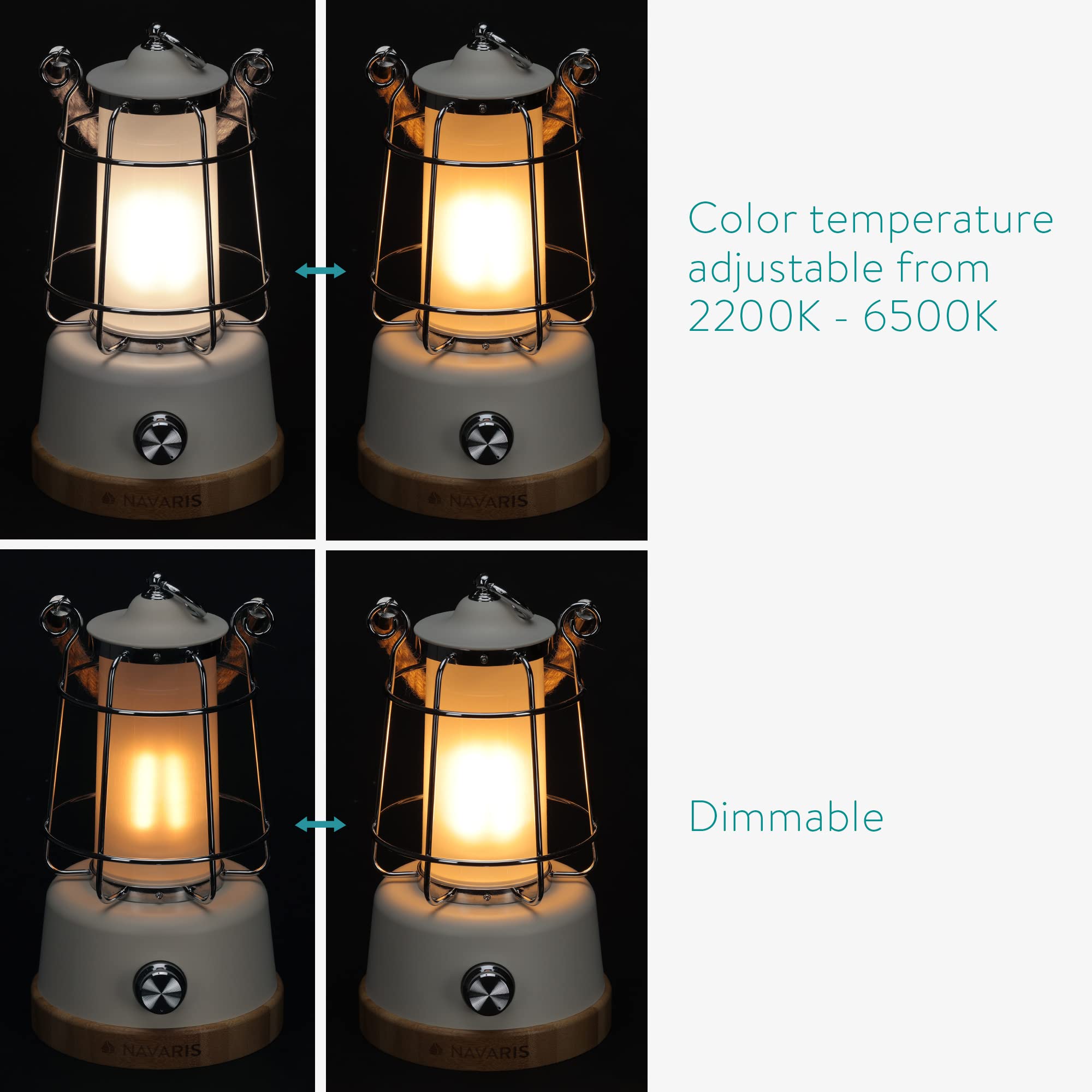 Lanterne LED Navaris Rechargeable – 2200K-6500K – 12,6×12,6×23 Cm – Power Bank Intégré – Bambou/métal