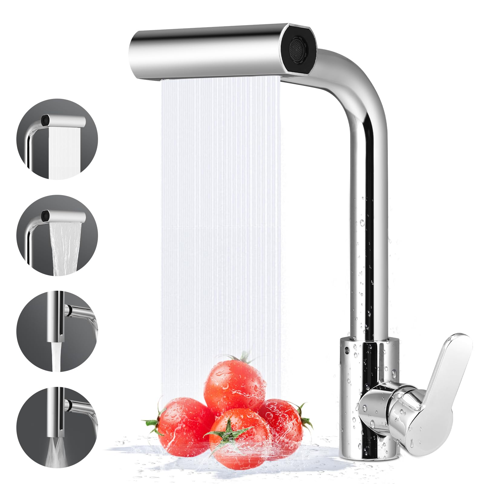 Waterfall Tap, Kitchen Mixer Tap with Pull Out Spray, 4 Spray Modes, Hot and Cold Function, 360° Swivel Single Handle Tap for Bathroom, Kitchen, Bar, Home, Outdoor, Brushed Faucet
