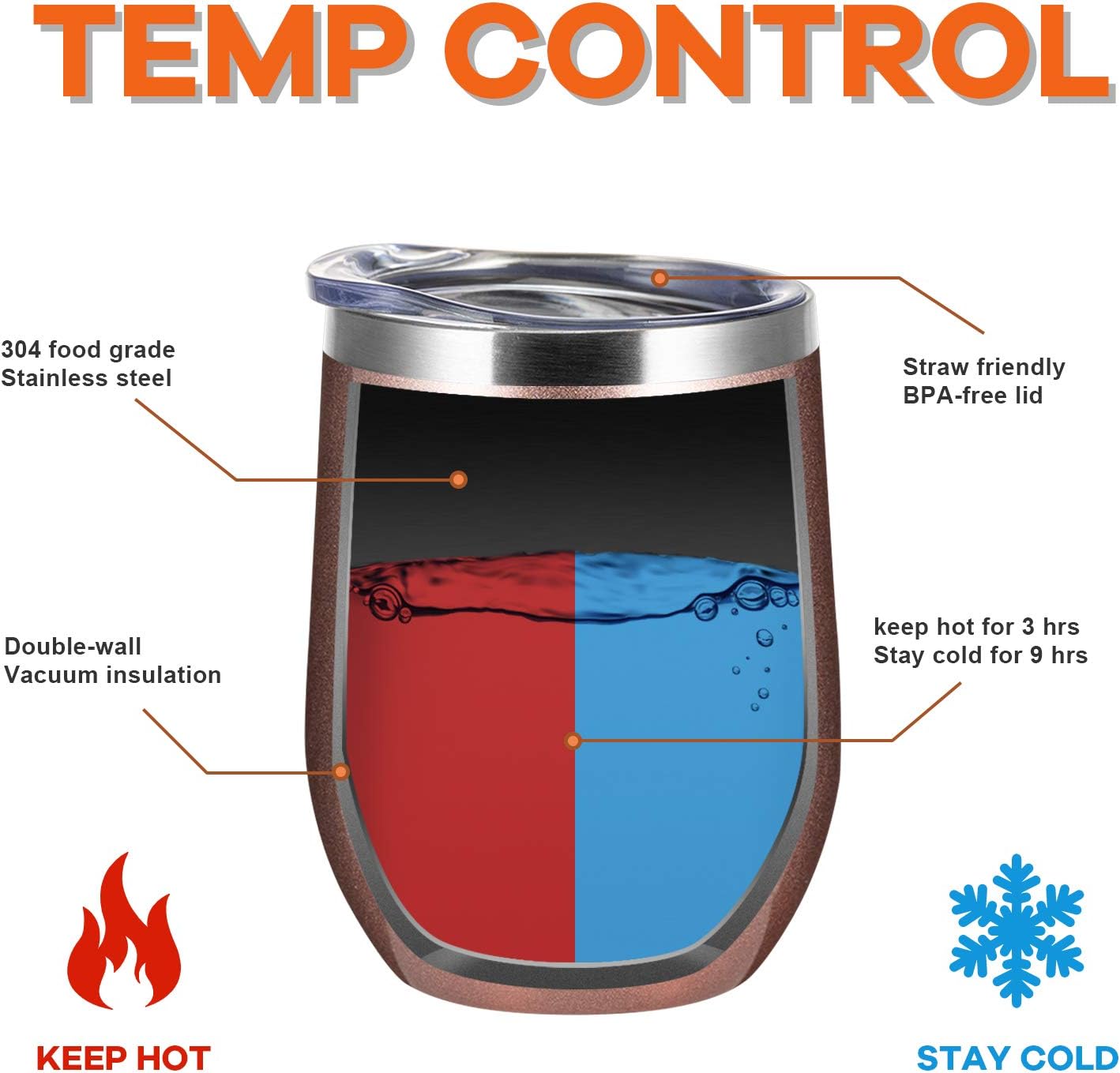 COMOOO Rose Gold Stainless Steel Wine Tumbler Bulk with Lid and Straw 12oz Double Wall Vacuum Insulated Travel Tumbler Cup for Coffee Wine Cocktails Ice Cream Cup Rose Gold, 12 pack - Image 2