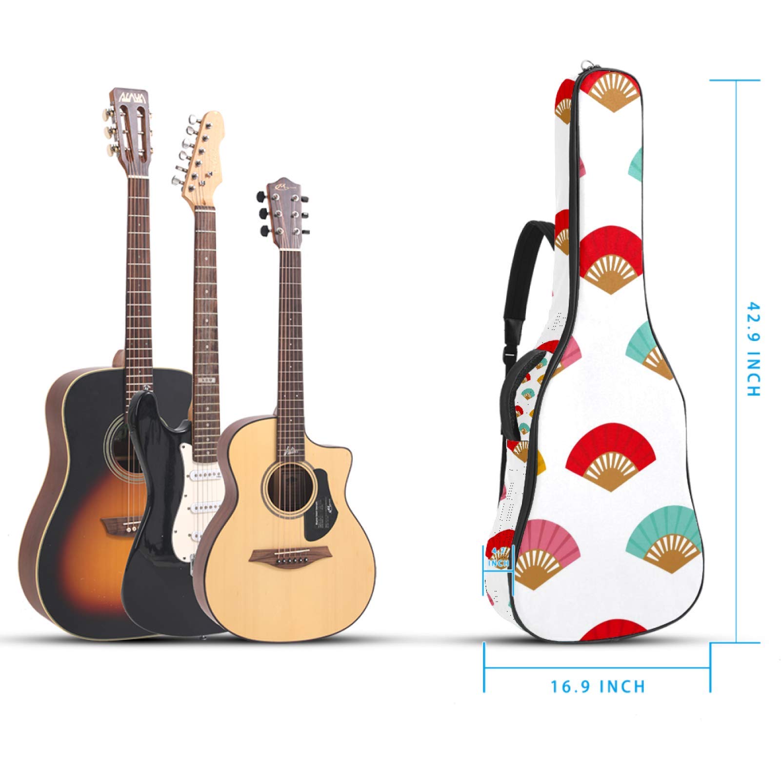 Bolsa para guitarra impermeable con cremallera suave para guitarra, bajo, acústico y clásico, para guitarra eléctrica, diseño de abanico español, azul, rojo, rosa, amarillo