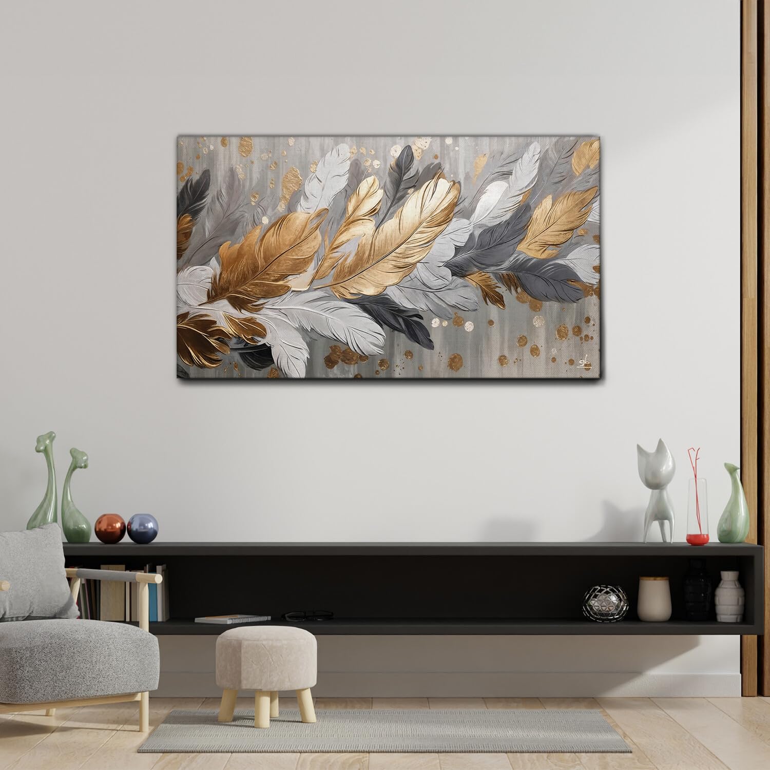 Giallobus - Quadro - 39 - Penne dorate - Tela Canvas Telaio Standard - 100x60 - Pronto da appendere - Quadri moderni per la casa