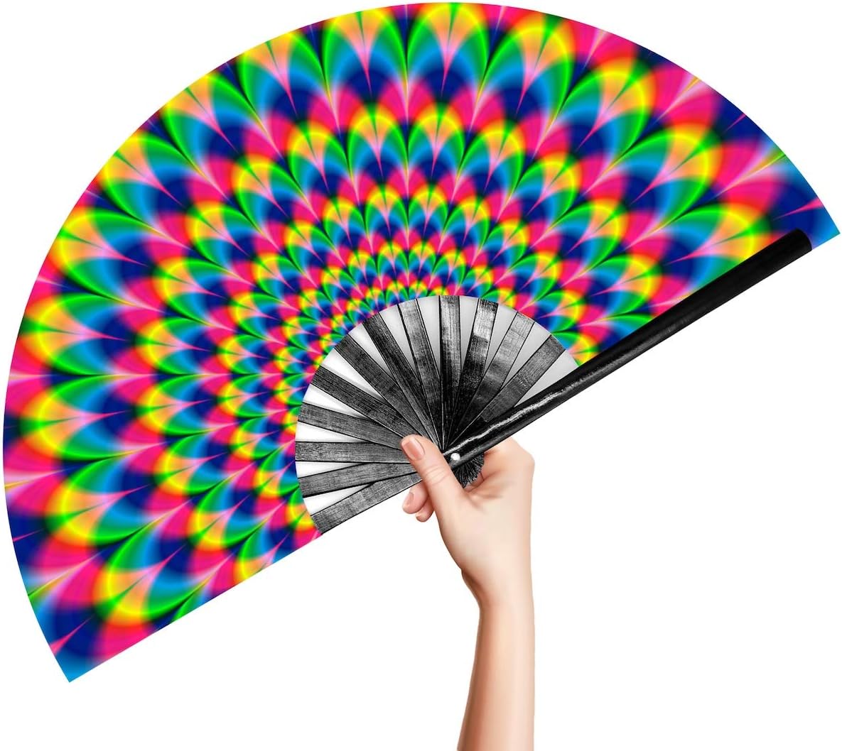 OMyTea Large Bamboo Rave Festival Folding Hand Fan for Men/Women - Chinese Japanese Handheld Fan with Fabric Case - for Electronic Dance Music Party, Performance, Decorations, Gift (Trippy)