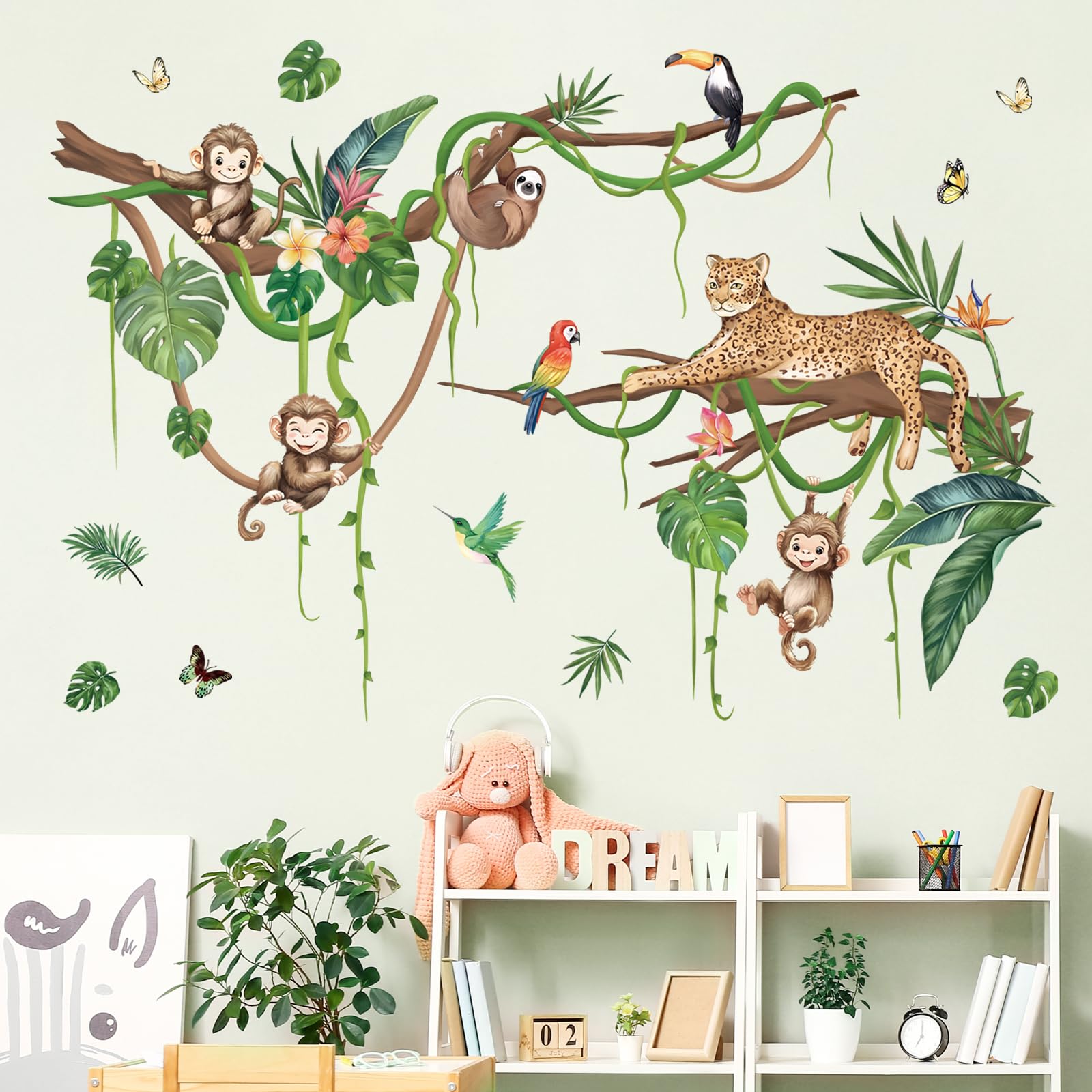 FUFUQUARE Jungle Animals Wall Stickers Cute Sloth Leopard Monkey Climbing Tree Branch Wall Decals PVC Peel and Stick for Kids Nursery Bedroom Living Room - Image 3