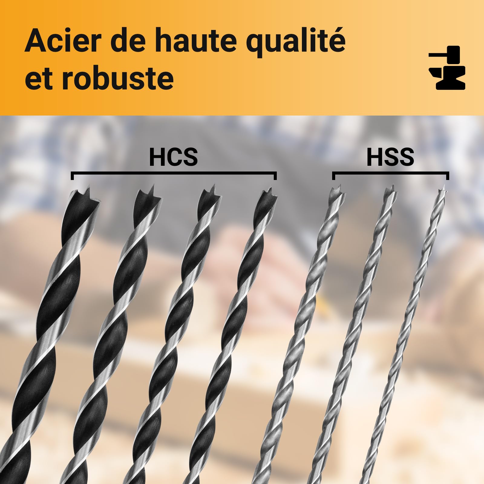 Foret Bois Long 7PCS Set, Jeu de Forets à Bois HSS-G, Meche Bois Longue Ø 4mm, 5mm, 6mm, 7mm, 8mm, 10mm, 12mm x 230mm