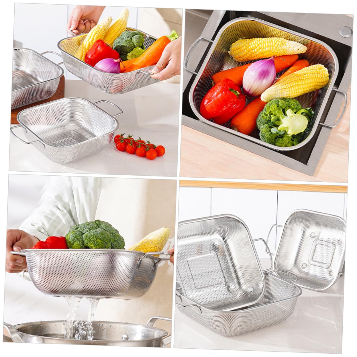 Colador de Acero Inoxidable con Asas Dobles, 1 Pieza, Plata | Gran Capacidad, Drenaje y Filtrado de Agua, Formato Cuadrado para Lavado de Frutas y Verduras