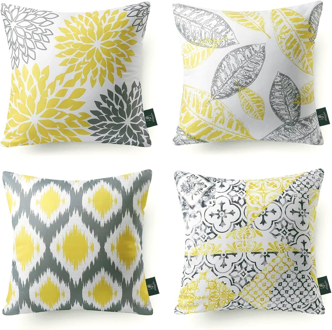 Phantoscope Bundles, Set of 4 New Living Series Yellow and Grey Pillow Covers 18 x 18 inches & Set of 4 Outdoor Waterproof Pillow Inserts 18 x 18 inches