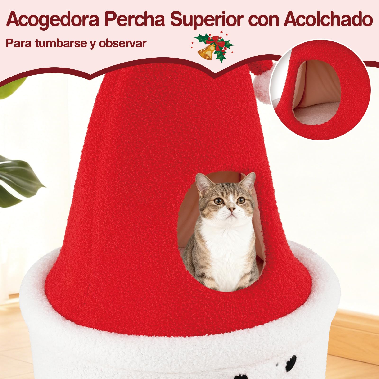 COSTWAY Árbol de Navidad para Gatos, 75 CM Torre para Gatos en Forma de Papa Noel con Percha Superior Acolchada, Condominio, Suave Cojín de Felpa, Casa Gato de Interior para Decoración Navideña