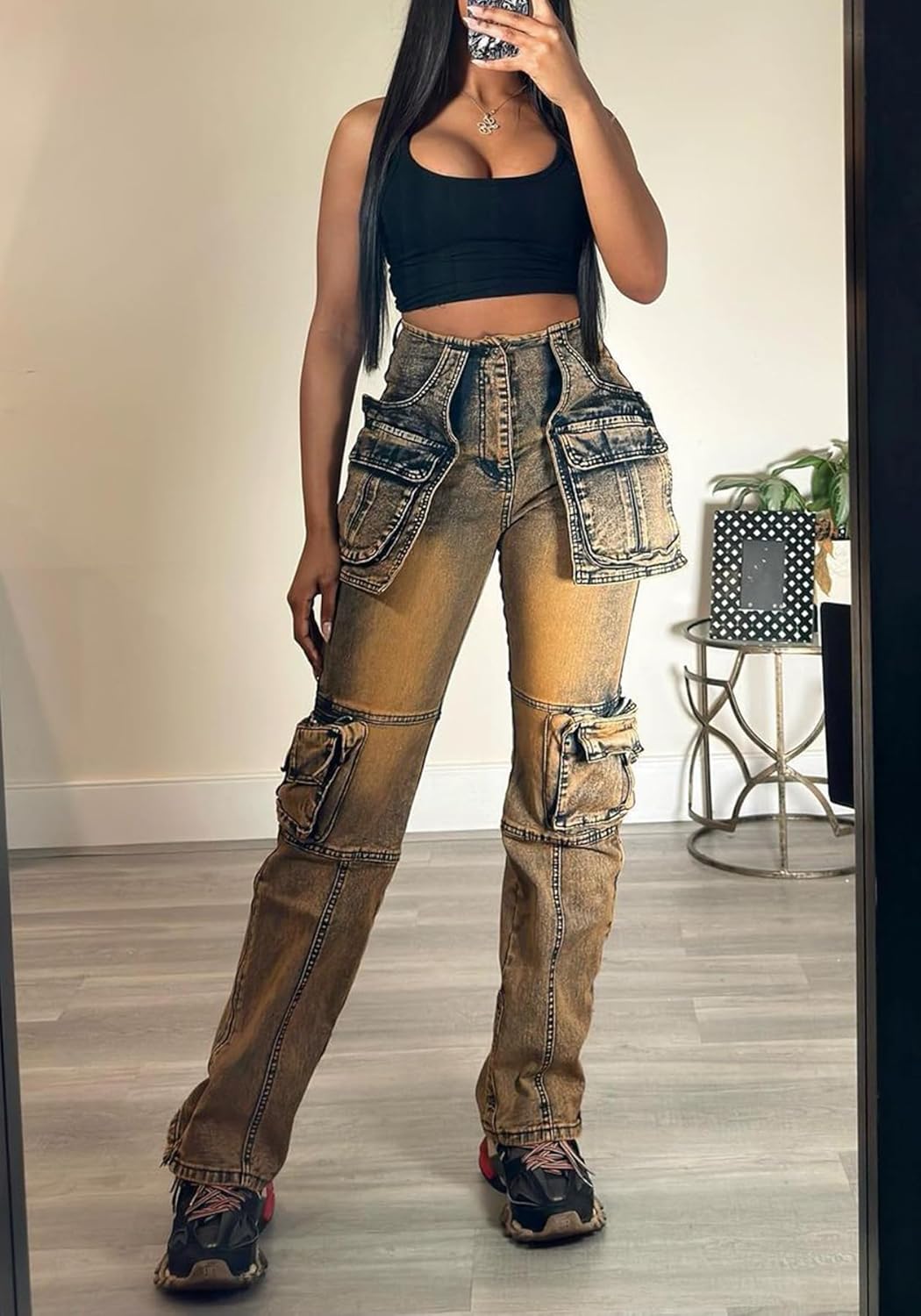 Vakkest Denim Cargo Jeans for Women High Waisted Loose Baggy Straight Wide Leg Stretch Pants Y2K Streetwear with Flap Pockets - Image 3