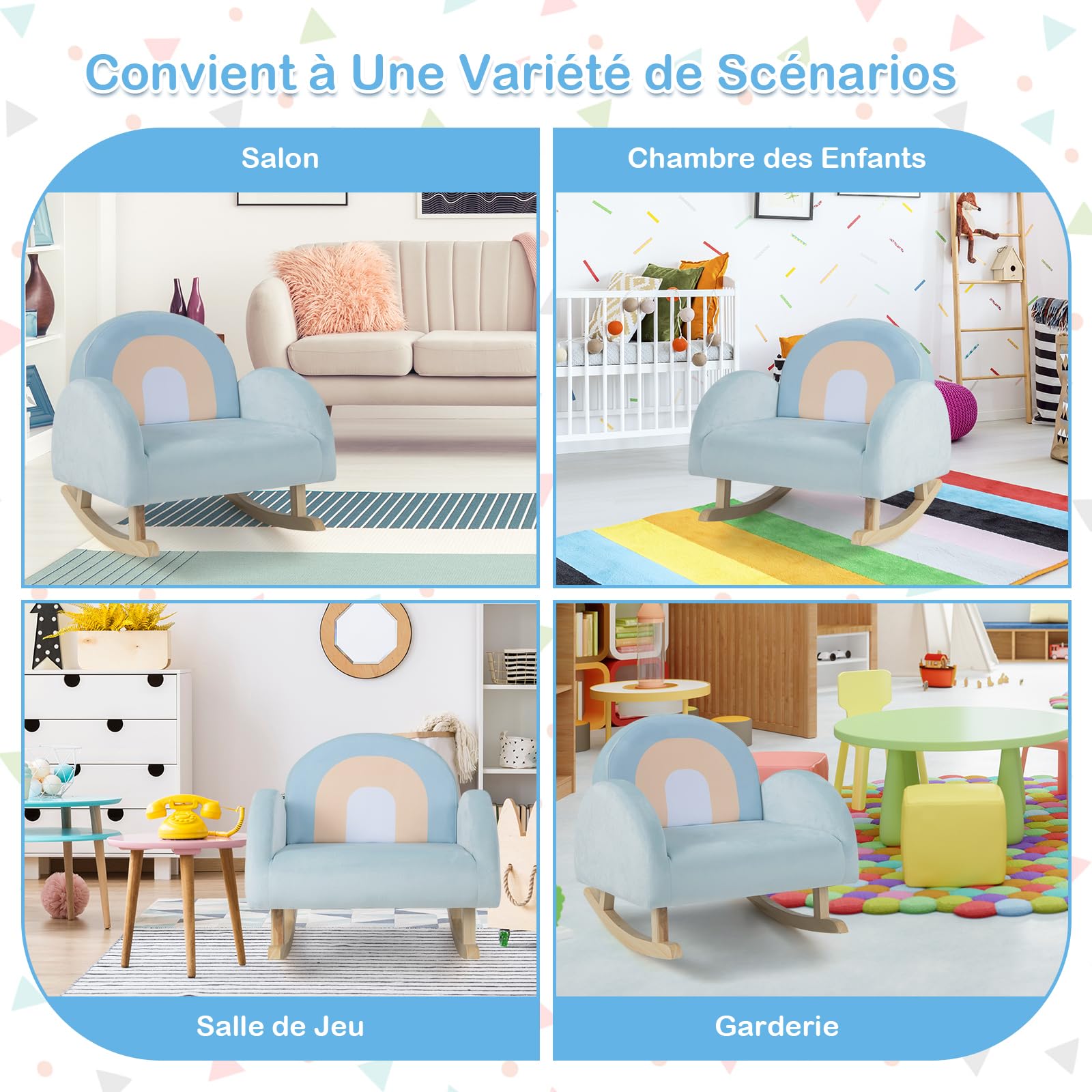GOPLUS Fauteuil à Bascule Enfant 3-5 Ans, Canapé Enfant avec Cadre en Bois Massif et Revêtement en Velours, Design Anti-Basculement, Chaise à Bascule pour Chambre d'enfant, Salle de Jeux, Bleu