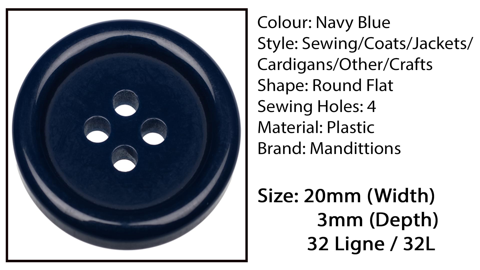 Pack of 10 Dark Blue 20mm Round Sew On Plastic Buttons for Coats Jackets Knitwear Cardigans Flat 4 Holes 32L - Image 3