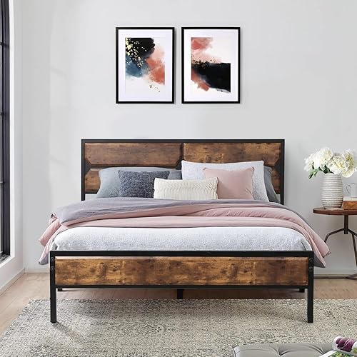 VECELO Base de cama Queen con plataforma de metal resistente con cabecero de madera, base de colchón, 12 listones de acero fuerte, soporte para