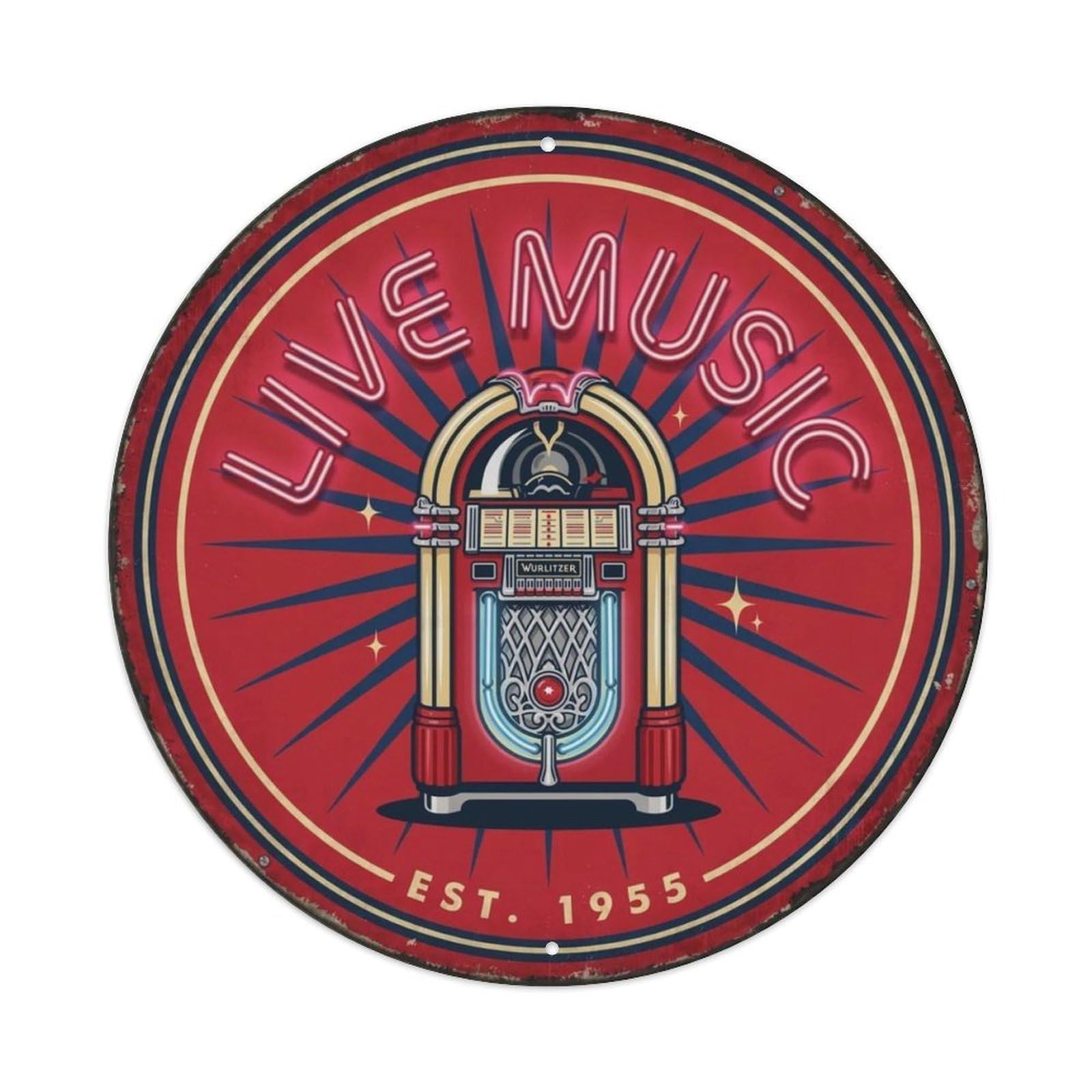 Neon Jukebox Live Music Round Metal Tin Sign Plaque