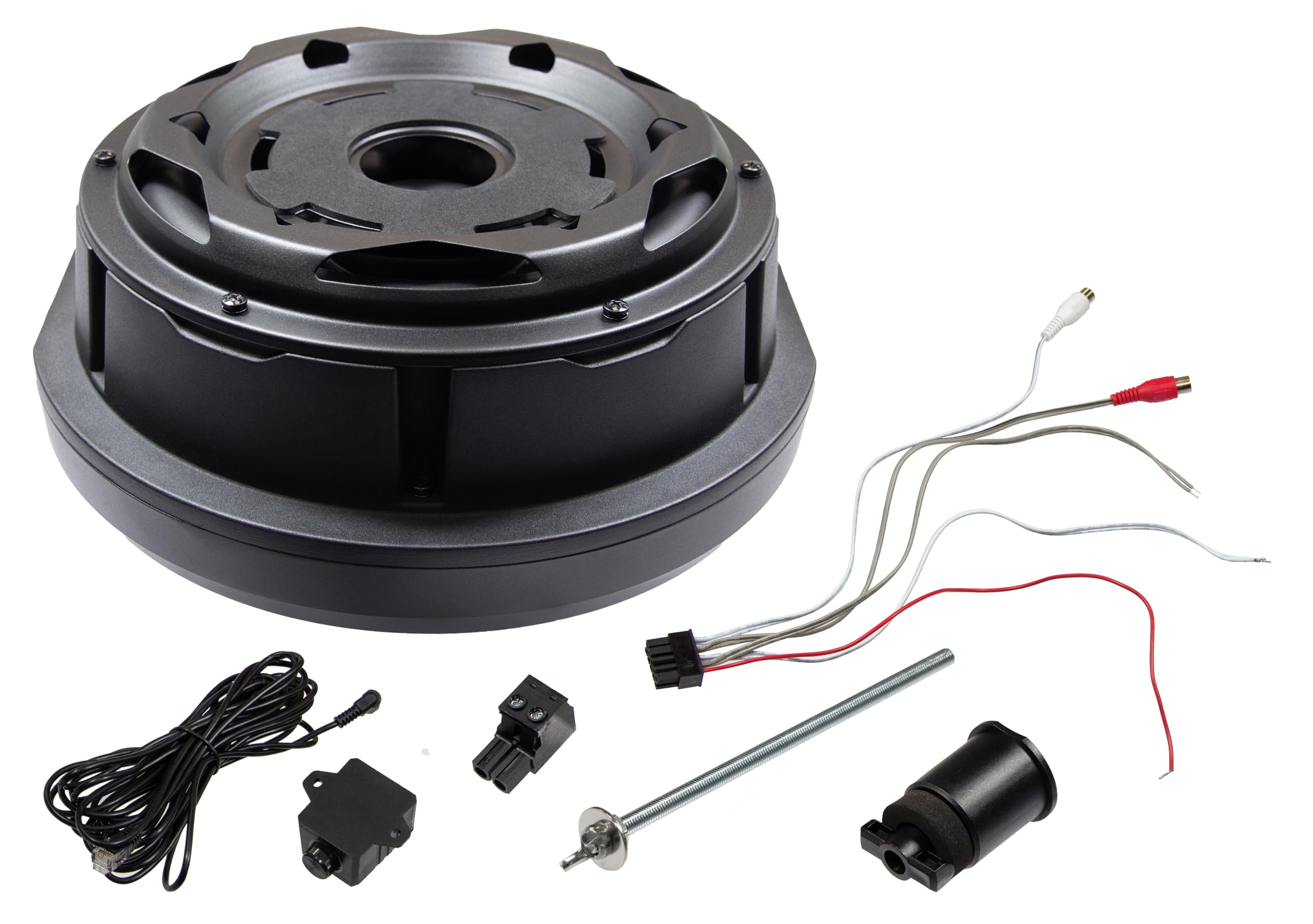 ESX V1100Av2-28 cm (11") Basse active pour roue de secours avec boîtier en aluminium massif | Puissance de classe A/B avec 300 W et télécommande filaire compacte