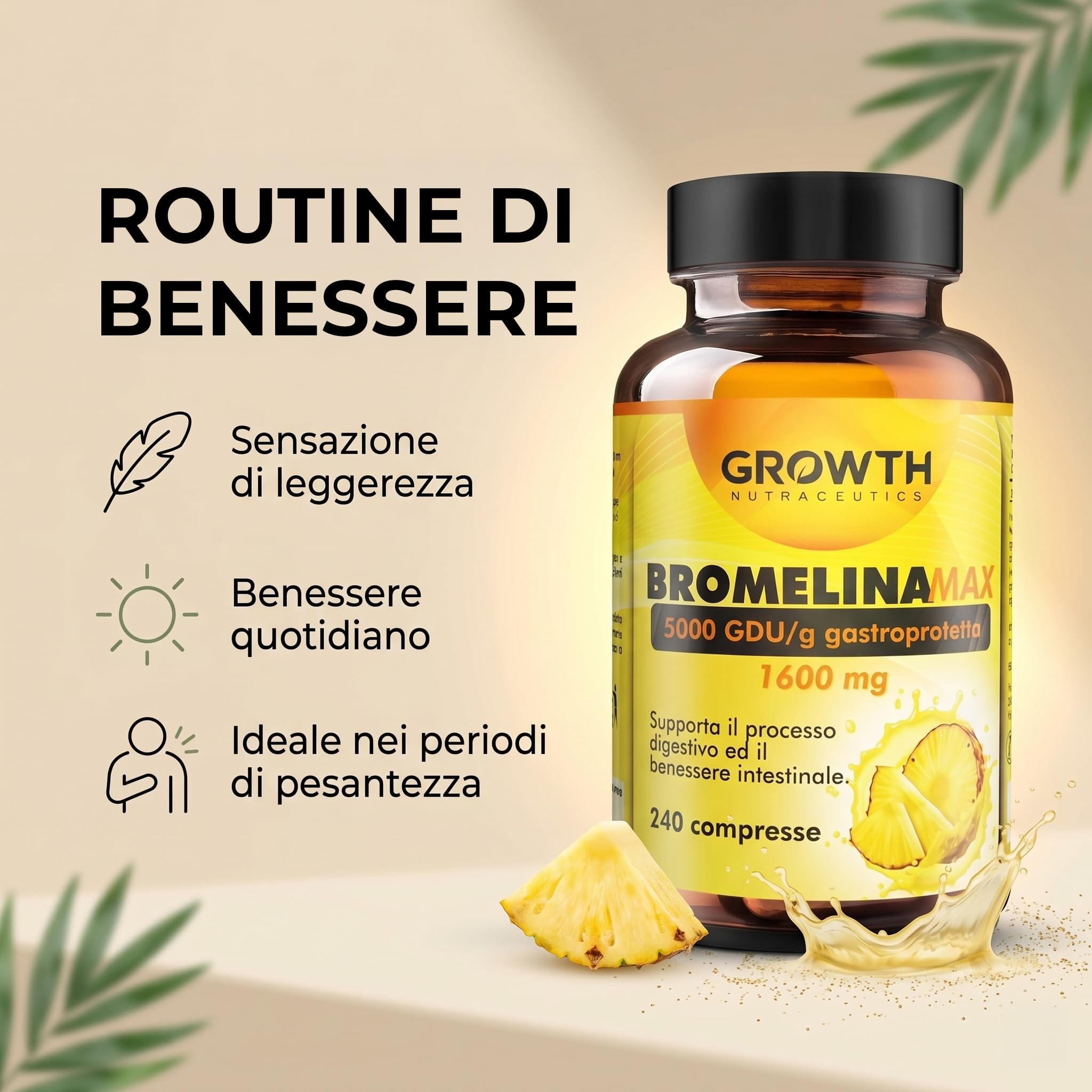 BROMELINA 5000 GDU/g - 240 Compresse Integratore di Bromelina da Ananas - Supporto Drenaggio Liquidi e Benessere Digestivo - Gambe Leggere, Gonfiore Addominale, Formula Vegana e Alta Qualità