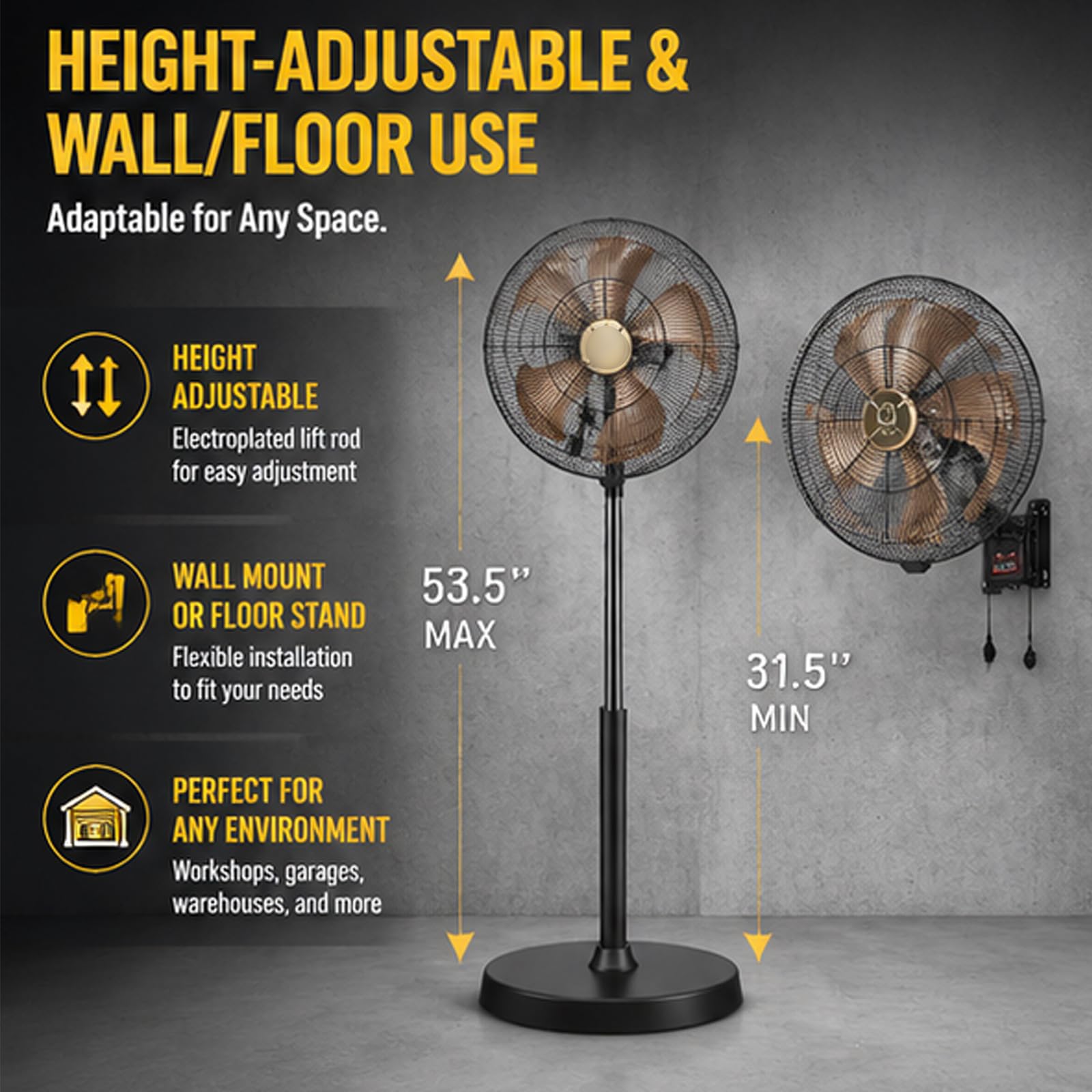 Ventilatore da pavimento industriale ad alta velocità da 18 pollici | Ventilatore oscillante/5 velocità, ventilatore a piedistallo in metallo ad alta velocità per scantinati, magazzini(Stand)