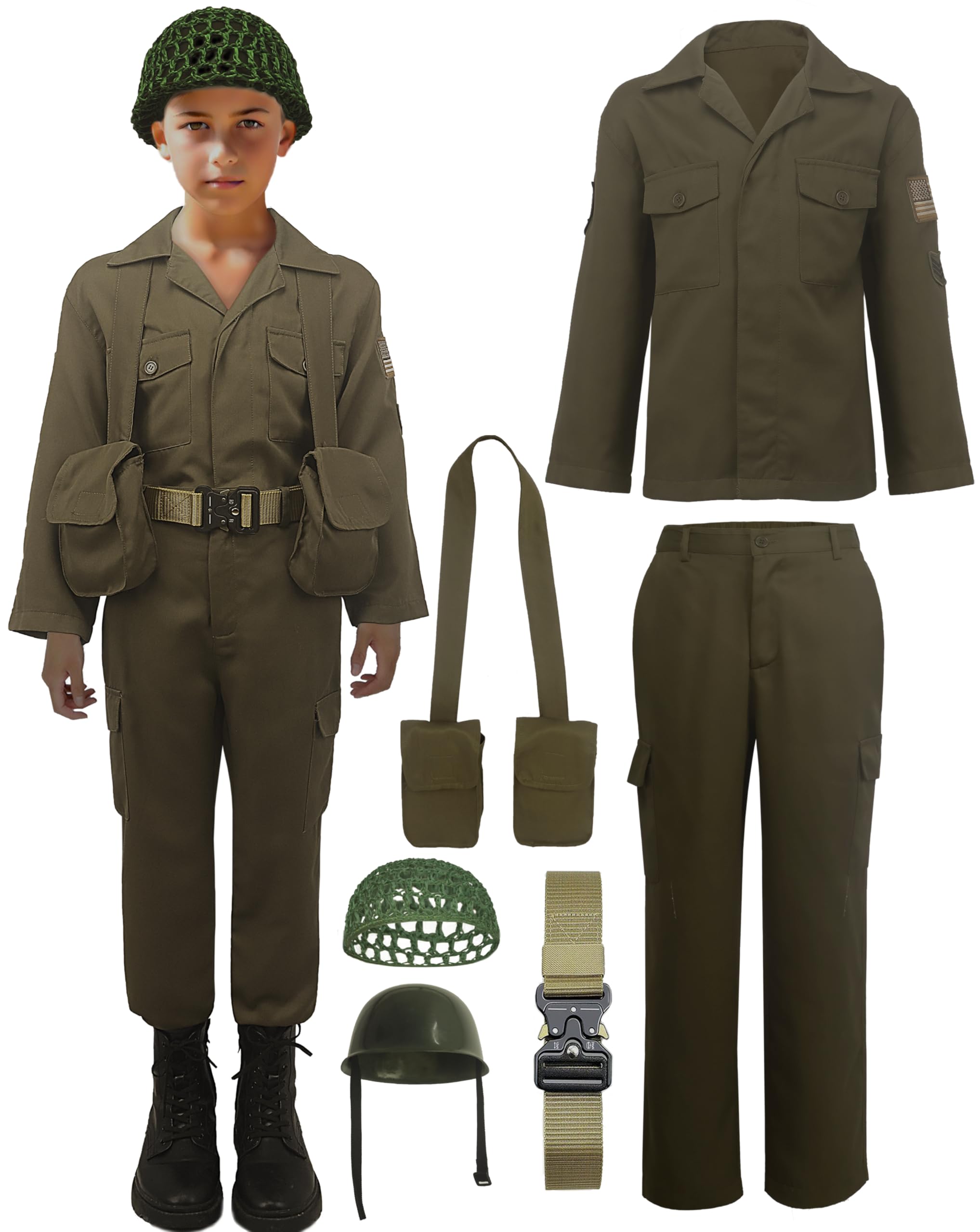 Kids WW2 Soldier Costume Boys Girls Field Jacket Cosplay 6 Pcs Set for Halloween 3-14Y