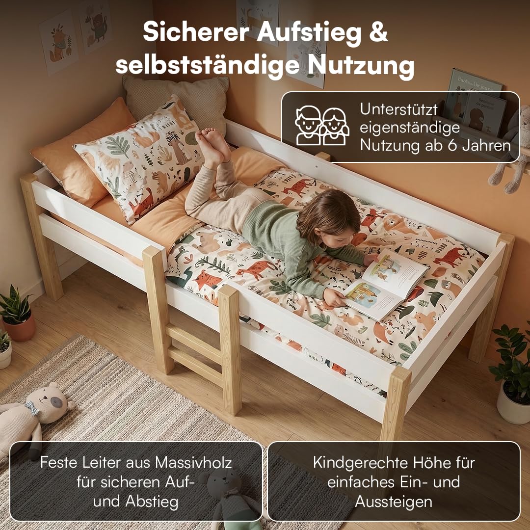 Bellabino Aspy Kinderbett 90x200 cm – Hochbett mit Rausfallschutz & Lattenrost – Halbhochbett mit Leiter aus Kiefer Massivholz in Weiß/Natur – Jugendbett für Jungen und Mädchen