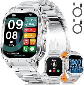 Militaire Montre Connectée Homme, Appel Bluetooth, 2.0″ HD Grand Écran Smartwatch avec Torche LED/Batterie 1000mAh/Fitness Tracker/100+ Modes Sportifs, 2 Câbles de Chargement, Android iOS, Argenté