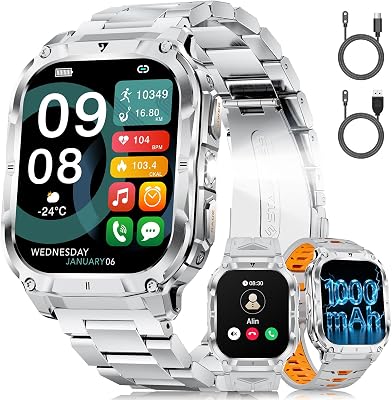 Militaire Montre Connectée Homme, Appel Bluetooth, 2.0″ HD Grand Écran Smartwatch avec Torche LED/Batterie 1000mAh/Fitness Tracker/100+ Modes Sportifs, 2 Câbles de Chargement, Android iOS, Argenté