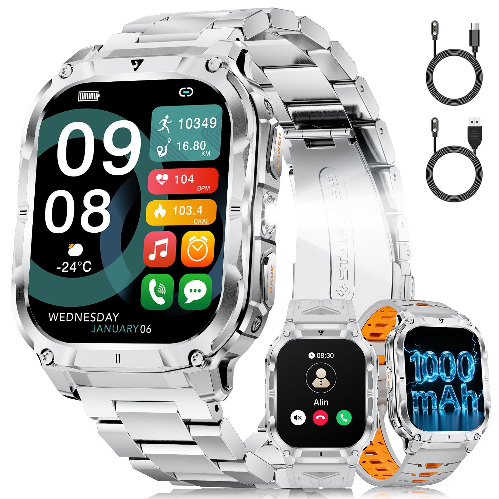 Smartwatch Uomo Militare con Chiamate Bluetooth, Notifica, 2,0"HD Display/Torcia/1000 mAh, 2 Cavi di Ricarica, 100+ Modalità Sportive Fitness Tracker Compatibile Android e iOS, IP68, Argento