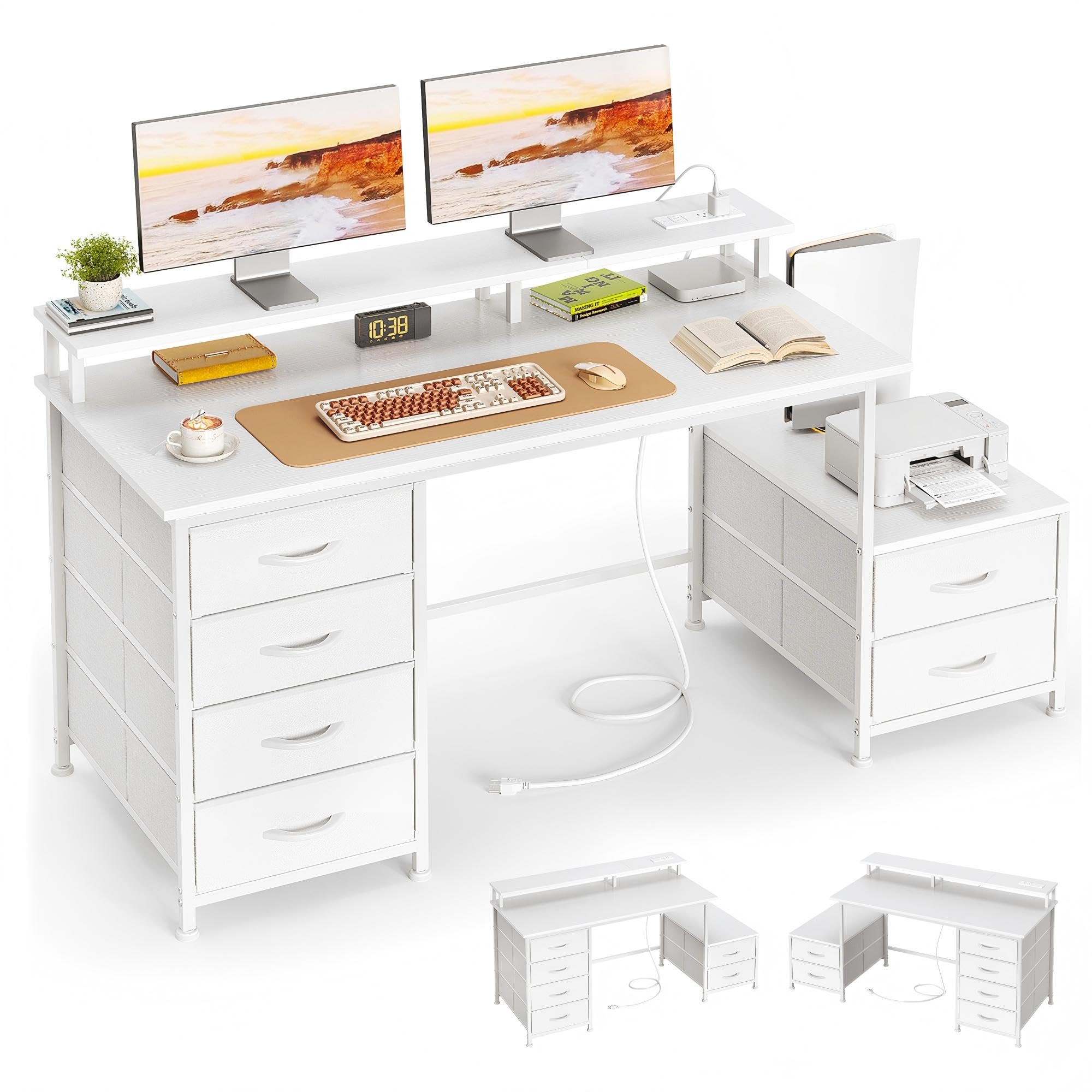 Scrivania da 128 cm con schedario in tessuto, scrivania per computer con ripiani e cassetti, tavolo da scrittura con supporto per monitor, tavolo da studio postazione di lavoro per casa e