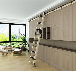 DIYHD 87inch Unfinished Pine Wood Sliding Library Ladder with Metal Step, Rolling Ladder for Loft, Attic, Bookshelf
