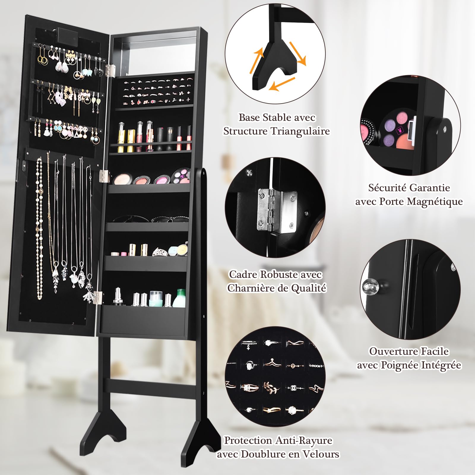 RELAX4LIFE Armoire à Bijoux sur Pieds avec Miroir et Lumière LED, Miroir Bijoux sur Pied avec 4 Couches pour Anneaux, Boucle d'oreille, Bracelet, 16 Rouge à Lèvres, Blanc/Noir (Noir)
