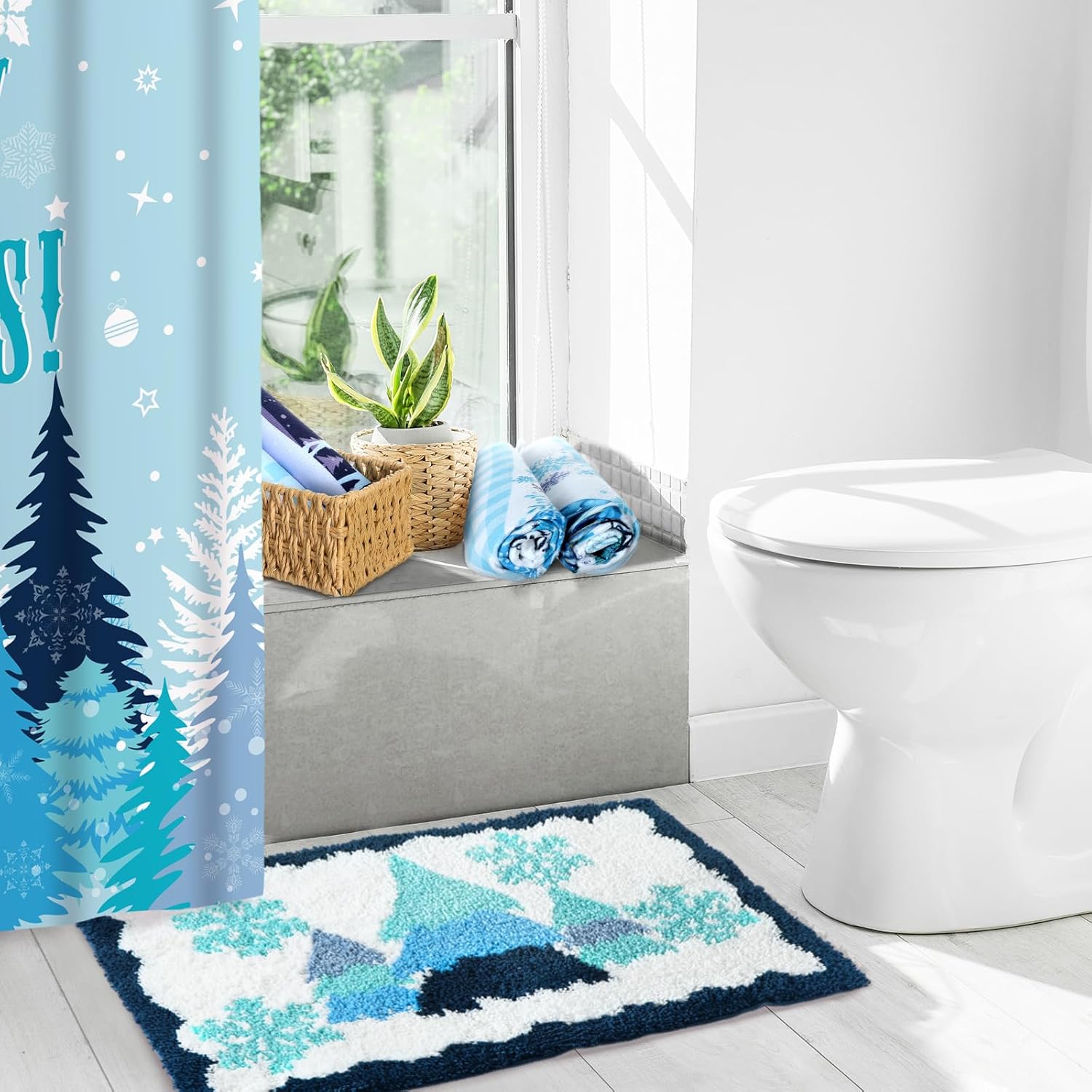 Fourluoo 18 Pcs Fabric Shower Curtain Set with 12 Decorative Shower Curtain Hooks Bathroom Towels Non Slip Absorbent Microfiber Rug for Modern Aesthetic Bathroom(Fresh Color,Christmas)