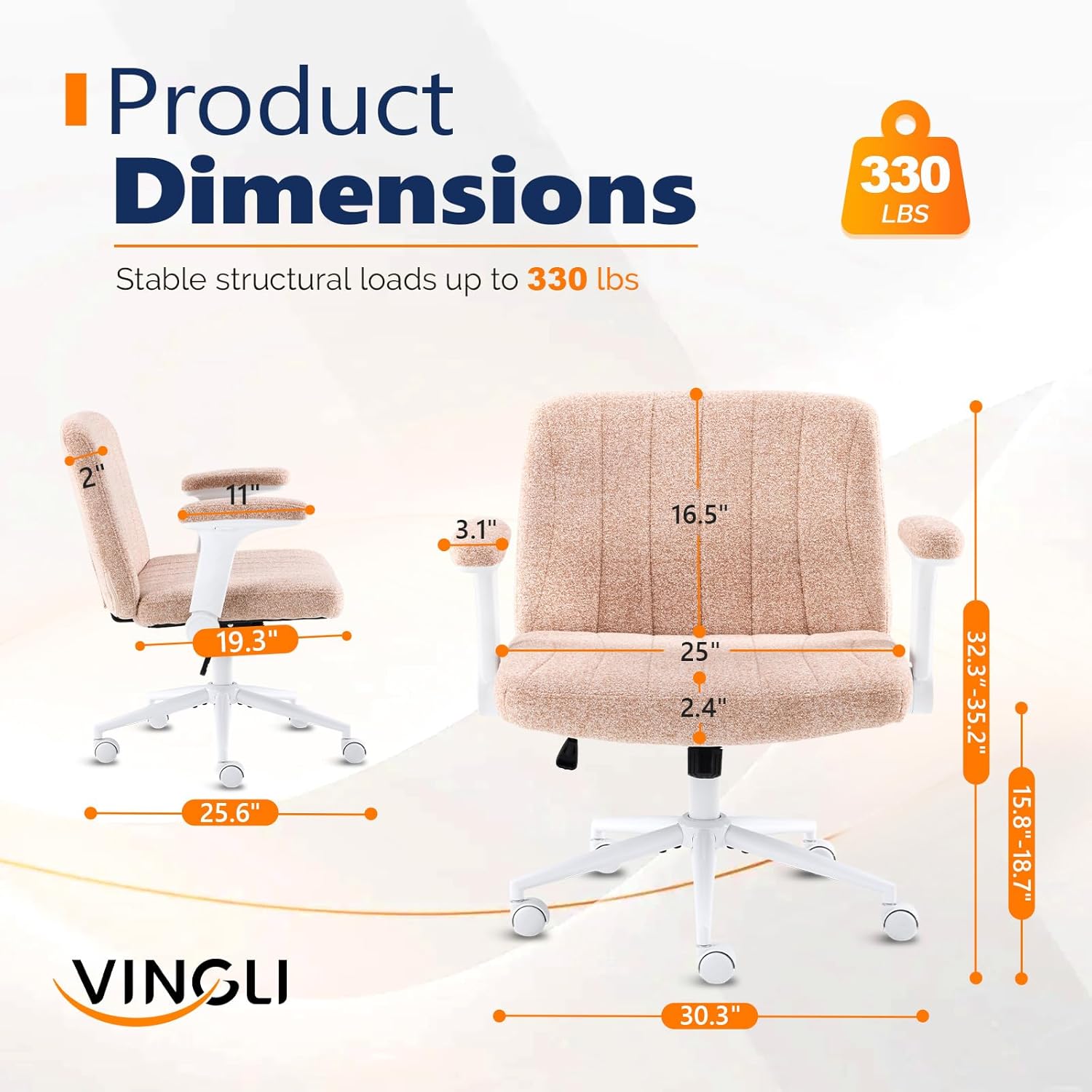 VINGLI Criss Cross Chair with Adjustable Flip-Up Arms,Cross Legged Chair with Wheels, Extra Wide Office Chair,Cozy Desk Chair for Home Office, Vanity, Apartment,Chenille Velvet,Orange