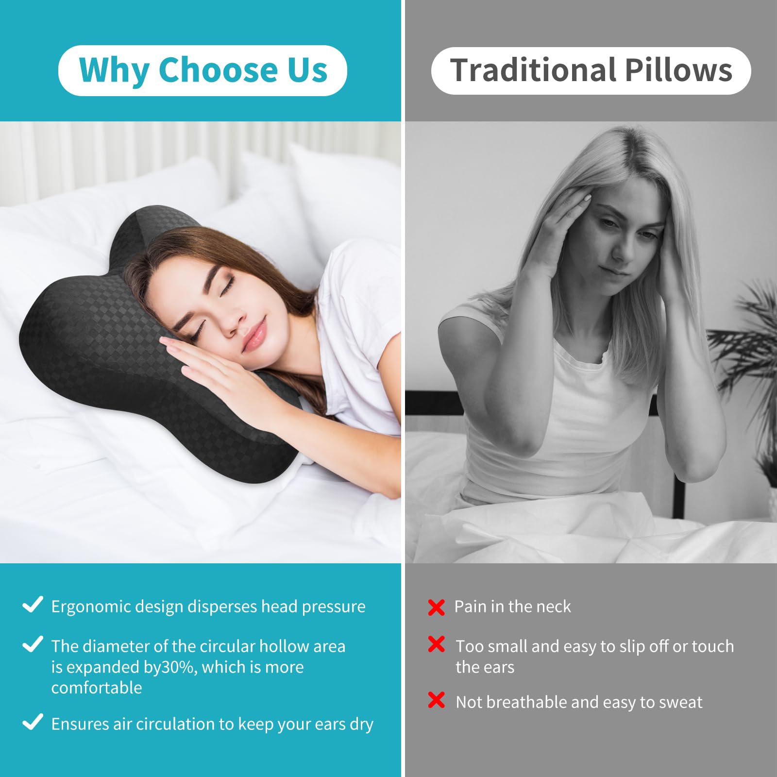 pozico Almohadillas para orejas con agujero, diseño de mariposa, para dormir de lado, almohadillas suaves para el dolor de oído y puntos de presión, relleno de algodón ajustable y funda lavable, color
