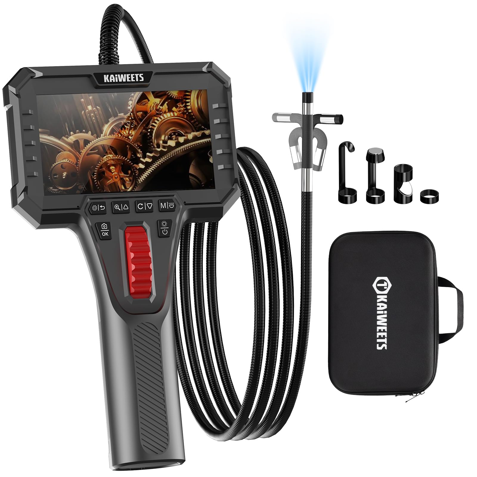 KAIWEETS Kamera endoskopowa z światłem, elastyczna sonda 2-drożna 210° (6,5 mm) z pierścieniem przewijania, ekran IPS 1080p, półsztywny kabel 1,6 m, wodoodporna IP67, do samochodu, do systemów