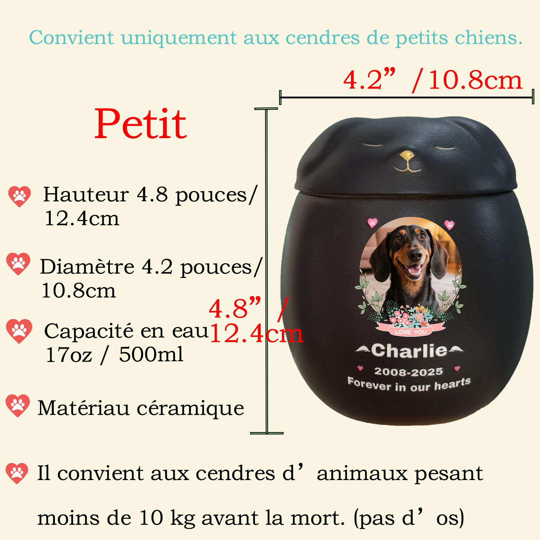 Générique Personnalisée Urne pour Chien, Urne à Cendres de Chien,Boîte à Souvenirs en céramique, Perte de Chien, Fait à la Main sur Mesure (Petit Noir, Cendres de Petite Taille ≤10 kg (Pas d’os))