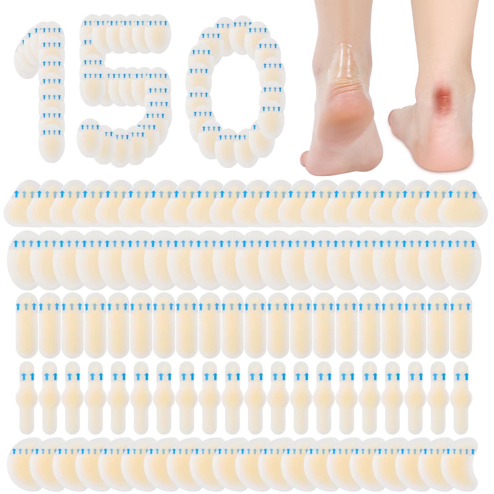 Tarpop 150 Pcs Blister Bandages for Feet, Waterproof Hydrocolloid Gel Pads, Hydrocolloid Bandages, Adhesive Feet Cushions for Heel, Toe, Finger Protection, Blister Prevention Patches(Stylish)