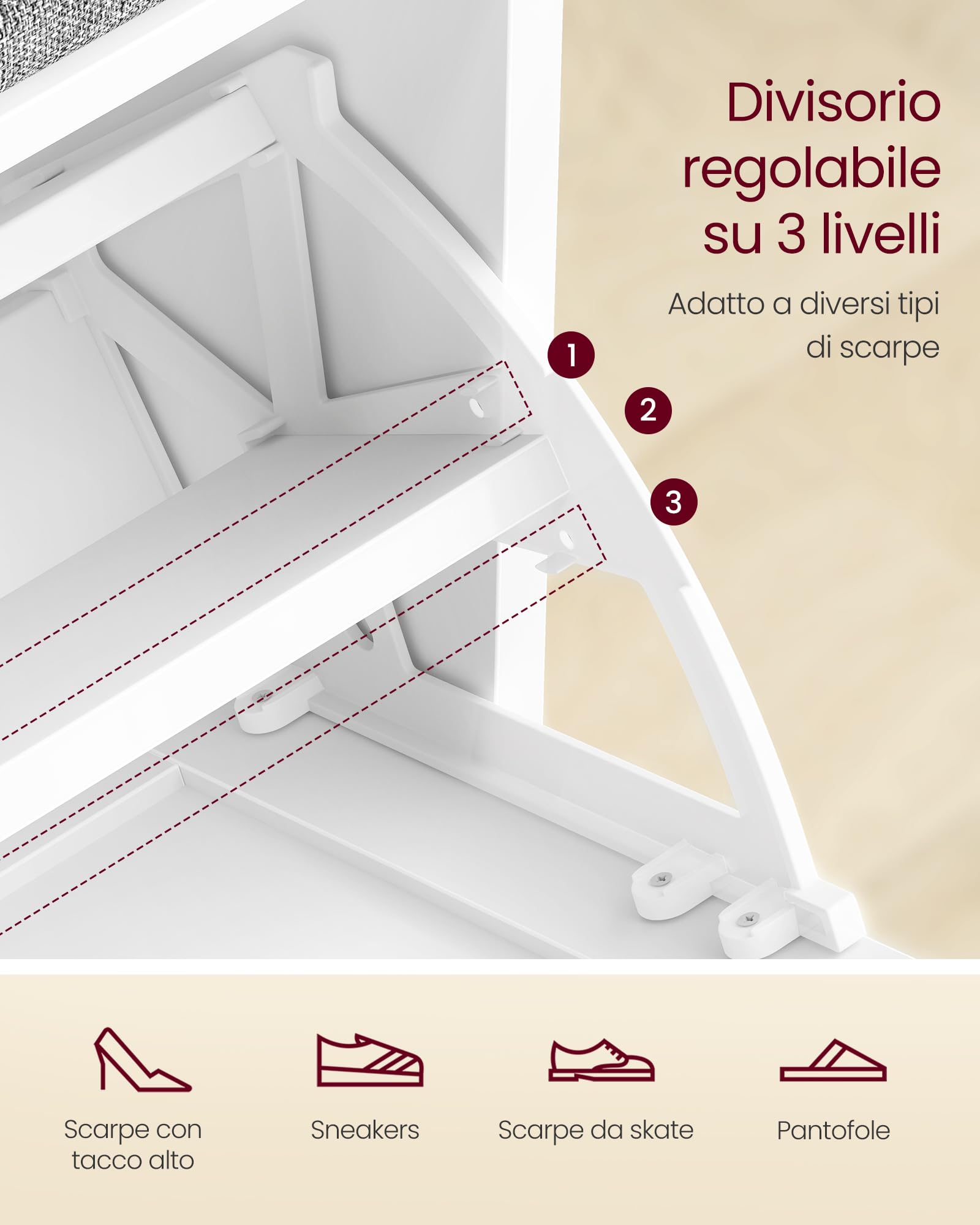 VASAGLE Panchina Scarpiera a 3 Ripiani per 6 Paia di Scarpe, Panca da Ingresso, Cassetto a Ribalta con Divisorio Regolabile, 30 x 60 x 53,5 cm, per Camera, Bianco Nuvola e Grigio Tortora LSB121WB01