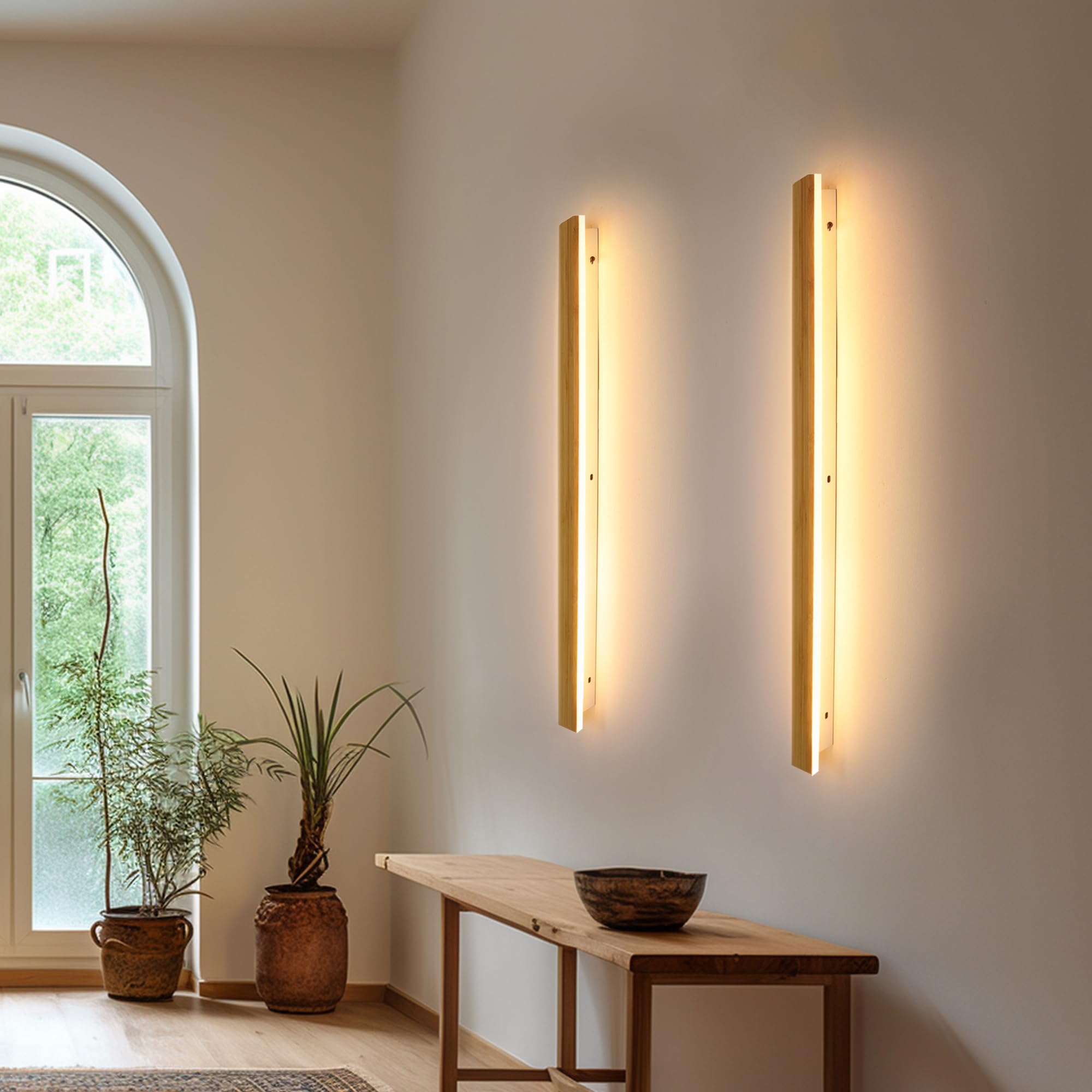 AOEH Lampada Da Parete Interno Led Applique Da Parete In Legno Lampade Da Muro Lunga In Bambù Luci Da Parete Legno 35w 3000k Moderno Lampada A Muro Per Camera Da Letto,Soggiorno,Corridoio,Scale,115cm