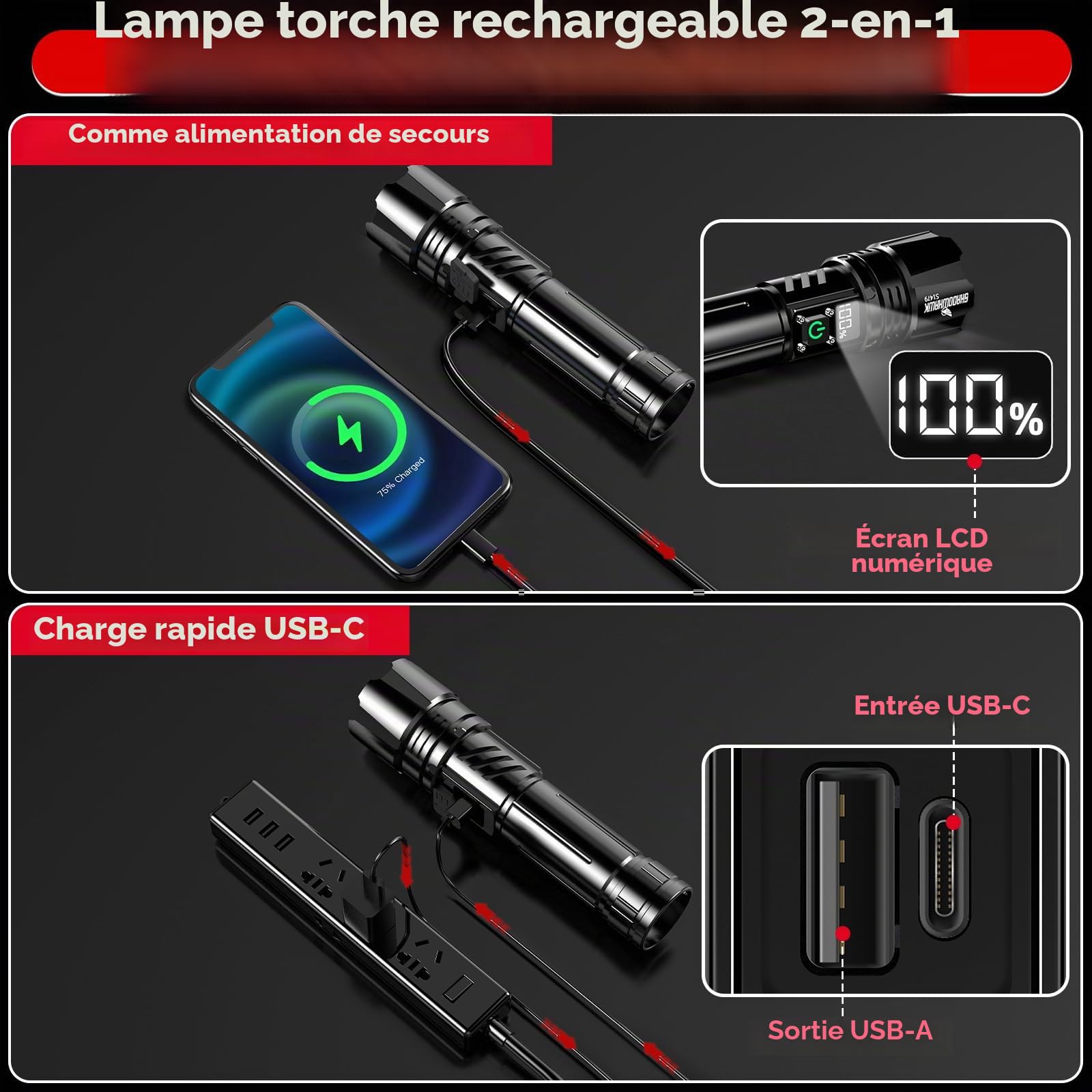 Shadowhawk Lampe torche rechargeable 24h (2 piles) | IP67 étanche 500000 lumens lampe de poche super lumineuse avec écran LCD pour camping/urgence/promenade du chien/coupures de courant, 5 modes