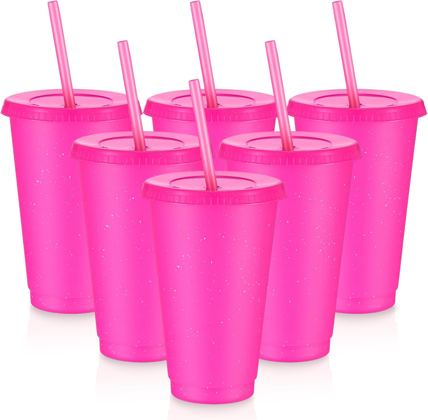 Uiifan 6 Pcs Reusable Tumbler with Lids and Straws Plastic Iced Coffee Tumbler Glitter Travel Mug Cup for Smoothie Juices Birthday Party Cold Drink Coffee Cup Bulk for Adult Kid Women(16 oz,Rose Red)