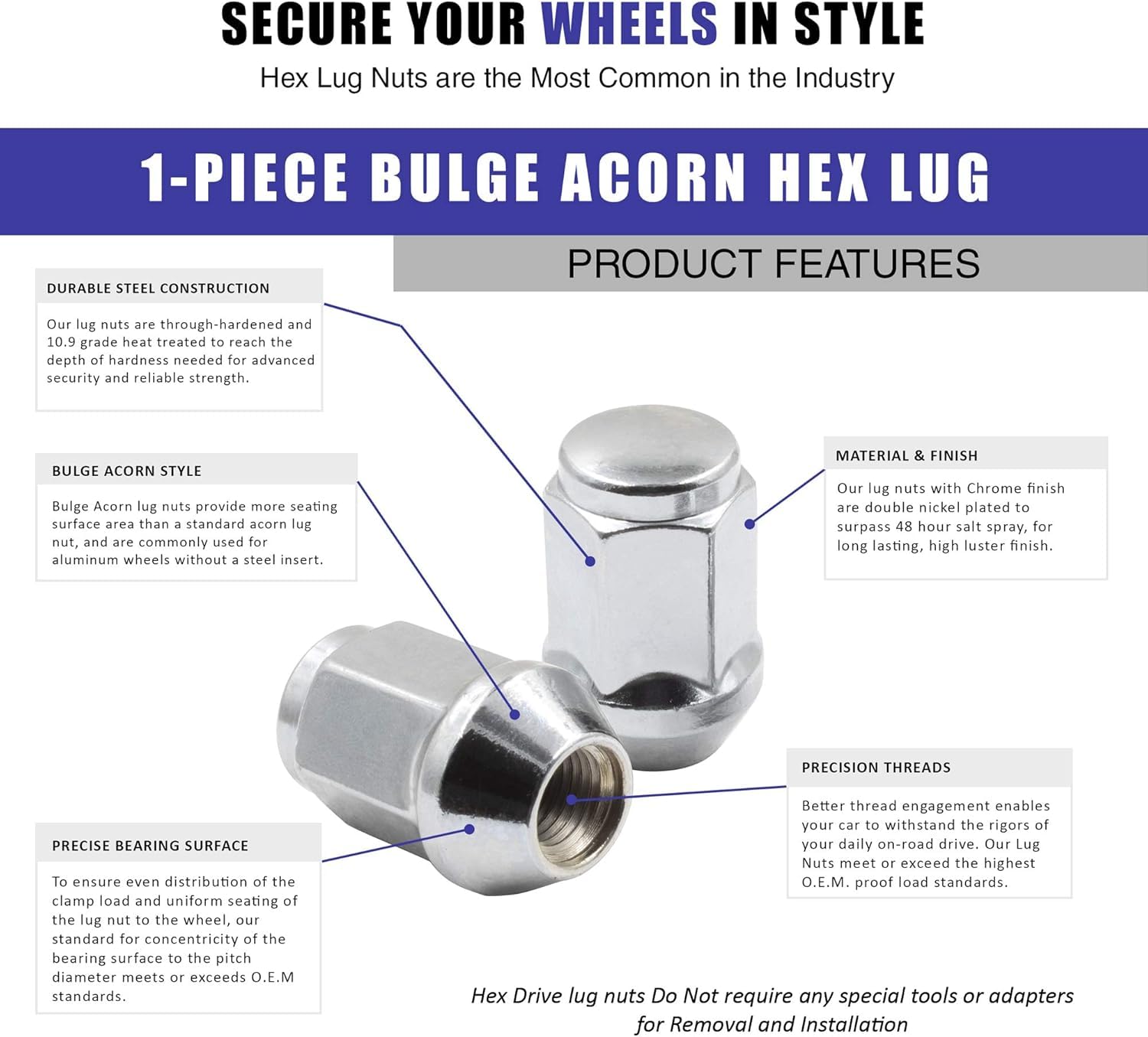 Acorn Lug Nuts Chrome 20-Pack NOS Chrome Acorn Lug Nuts For Buick/Olds/Pontiac Rally Wheels – 7/16-20 RHT Thread – Direct Fit 7/16-20 RHT Lug Nuts - Foto 3