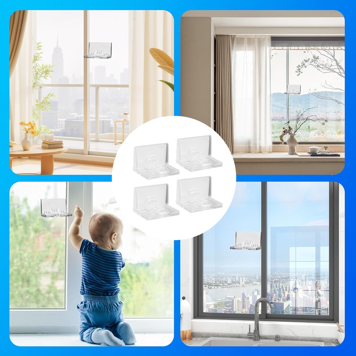 Upgraded 4 Pcs Glass Sliding Door Lock with Triangle Buckle, Extra Strong Adhesive Child Safety Window Locks for Windows, Patio Doors, Cabinets, No Drill Installation, Pet Proof Home Security