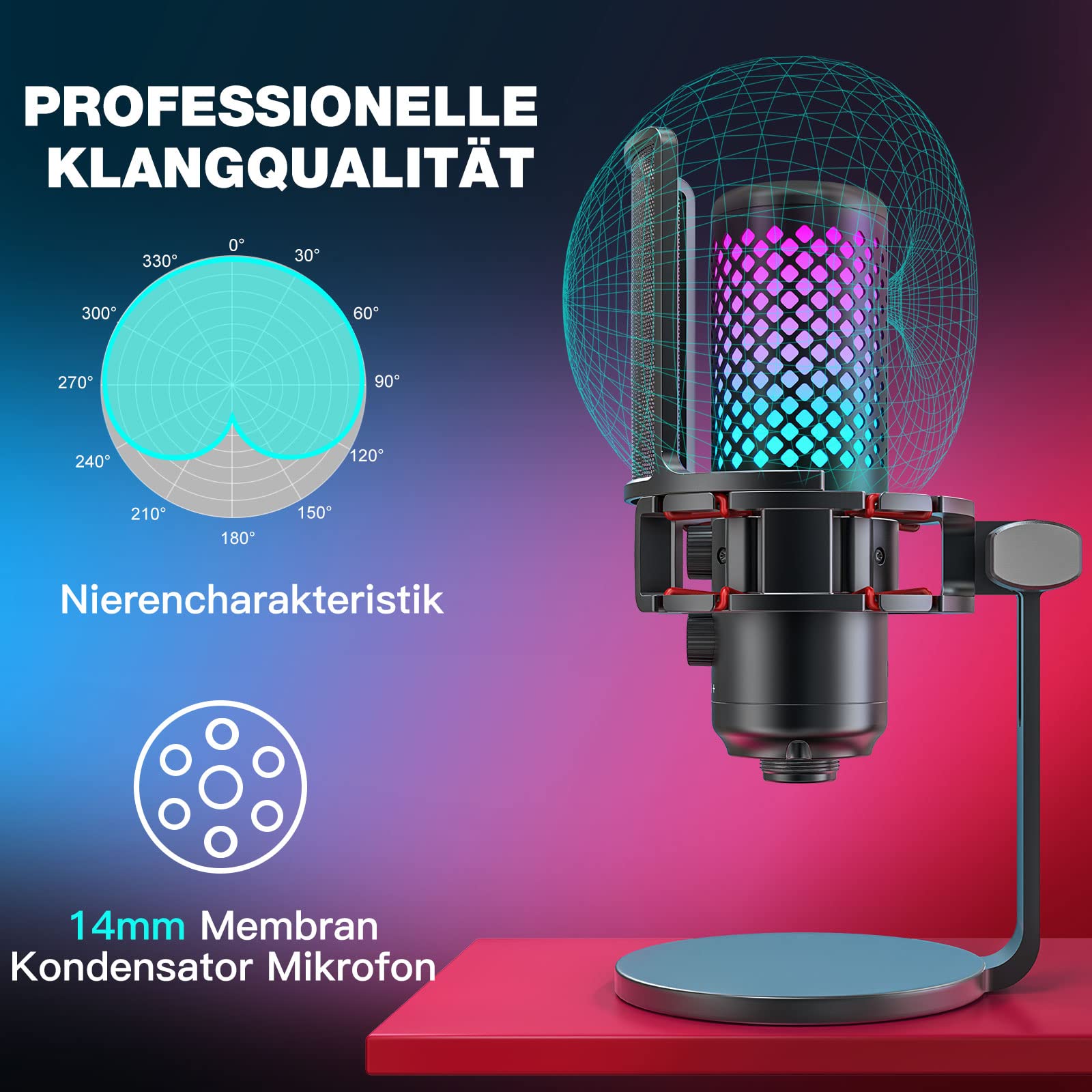 zealsound USB Mikrofon für PC & Handy, Gaming & Streaming, RGB Kondensator Mikrofon mit Mute, Gain & Echtzeit Monitoring, Ganzmetall Tischmikrofon für Podcast, Discord, Zoom & YouTube, Windows Mac